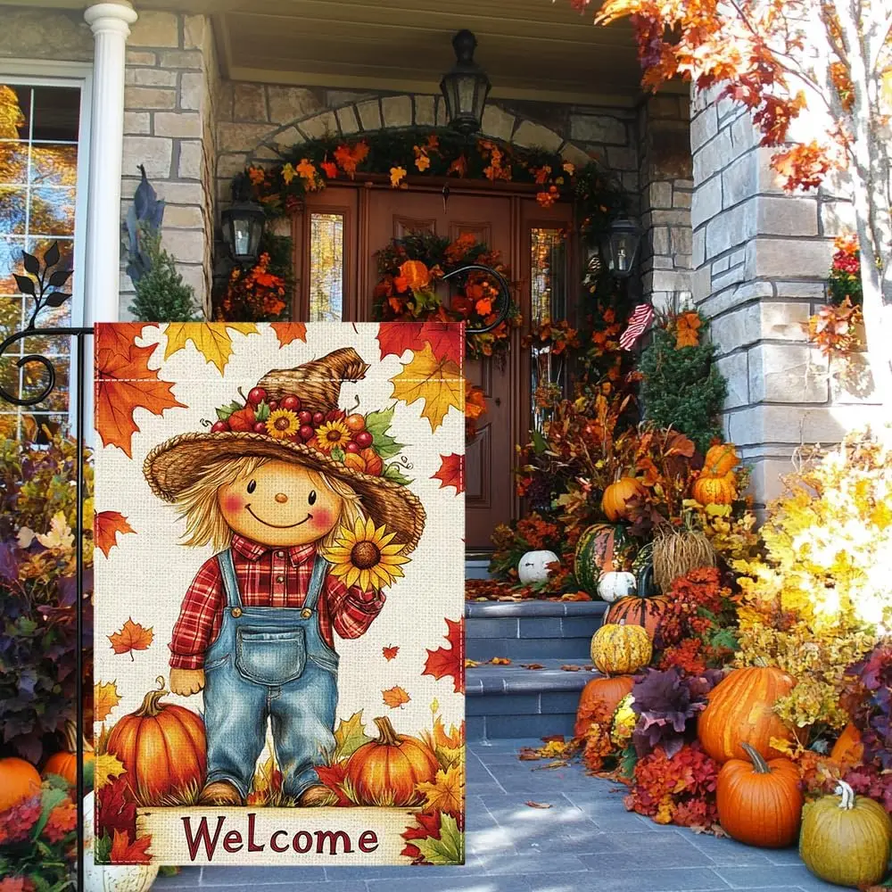 Fall Pumpkin Scarecrow Garden Flag 12x18 Double Sided Burlap Thanksgiving Maple Leaf Sunflower Farmhouse Rustic Yard Decor