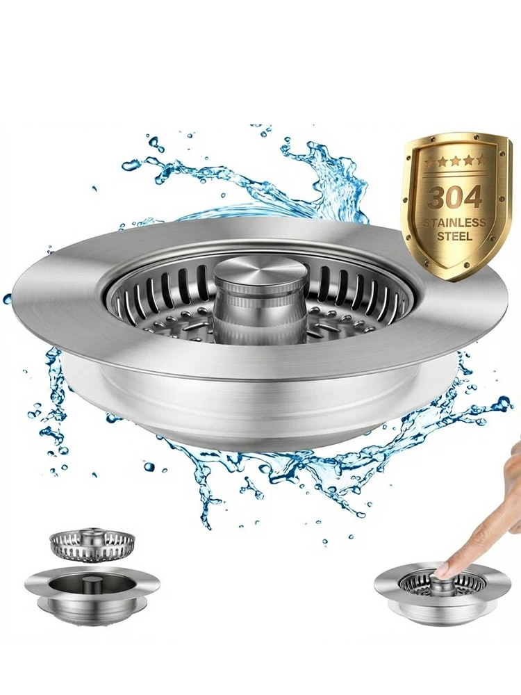 3-in-1 Stainless Steel Kitchen Sink Strainer - Pop-Up Stopper with Anti-Clogging Basket and Odor Filter, Easy Clean Drain Strain
