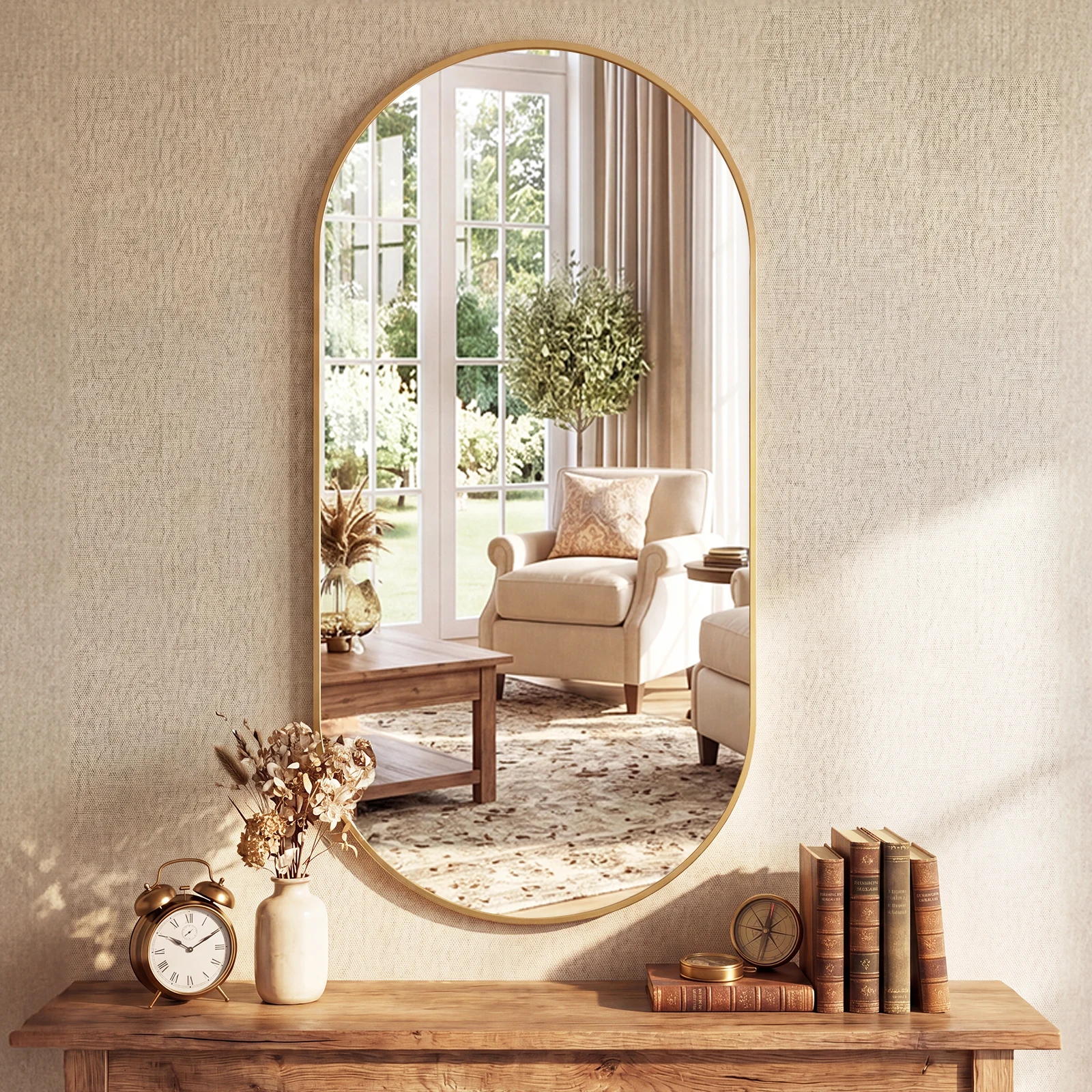 JHK Oval Wall Mirror with Metal Frame for Wall Modern Dressing Mirror Tempered Glass Bedroom Living Room Horizontal or Vertical