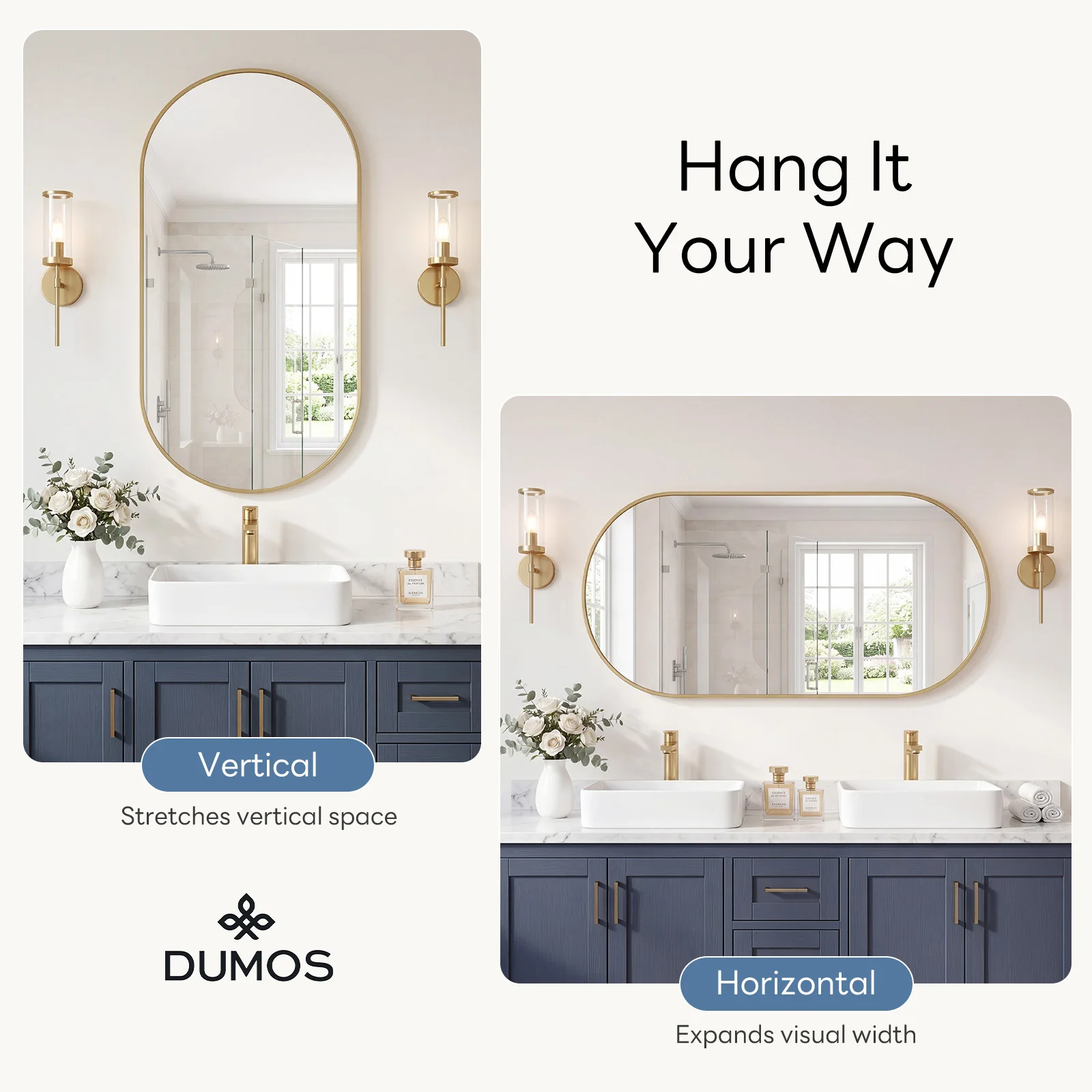 JHK Oval Wall Mirror with Metal Frame for Wall Modern Dressing Mirror Tempered Glass Bedroom Living Room Horizontal or Vertical