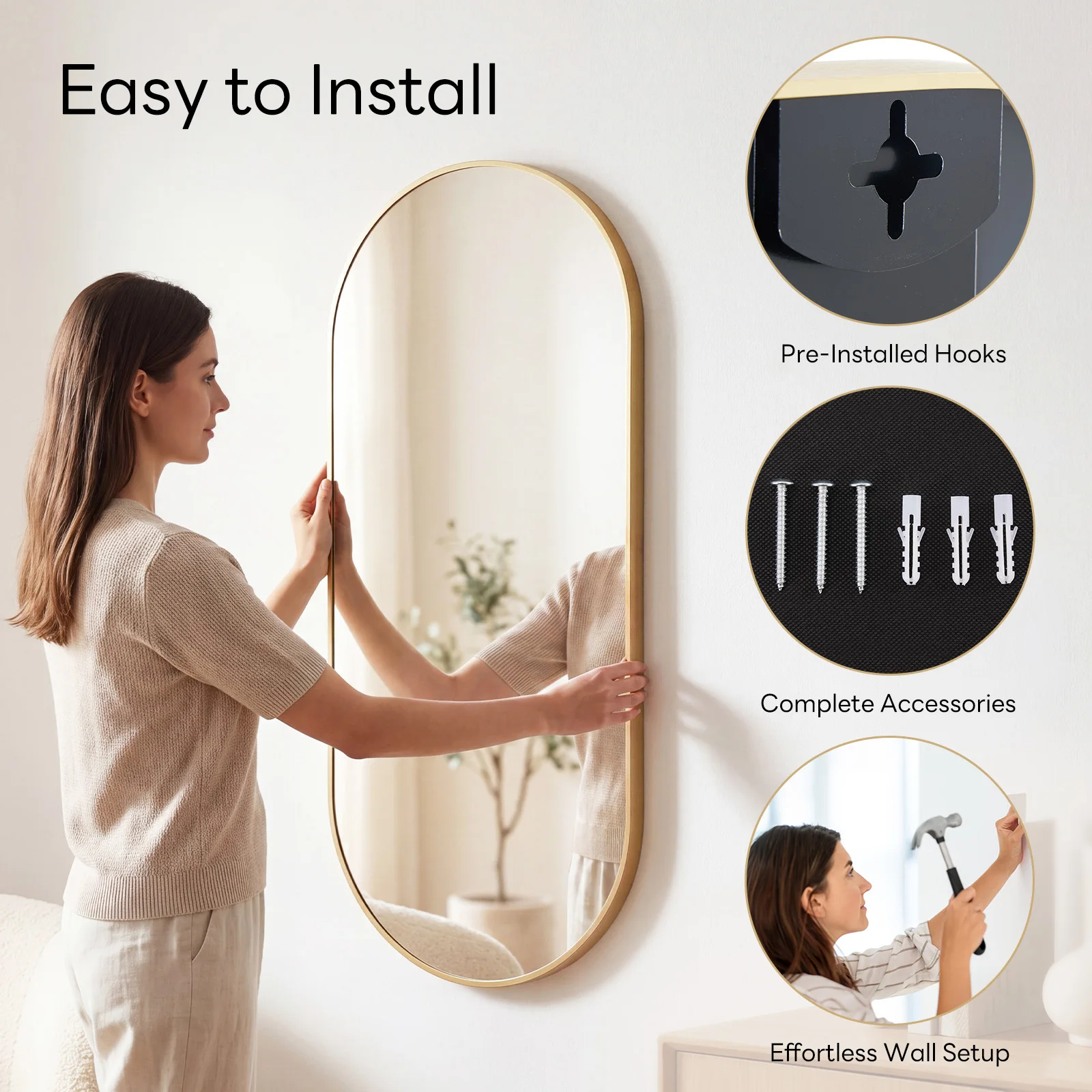 JHK Oval Wall Mirror with Metal Frame for Wall Modern Dressing Mirror Tempered Glass Bedroom Living Room Horizontal or Vertical