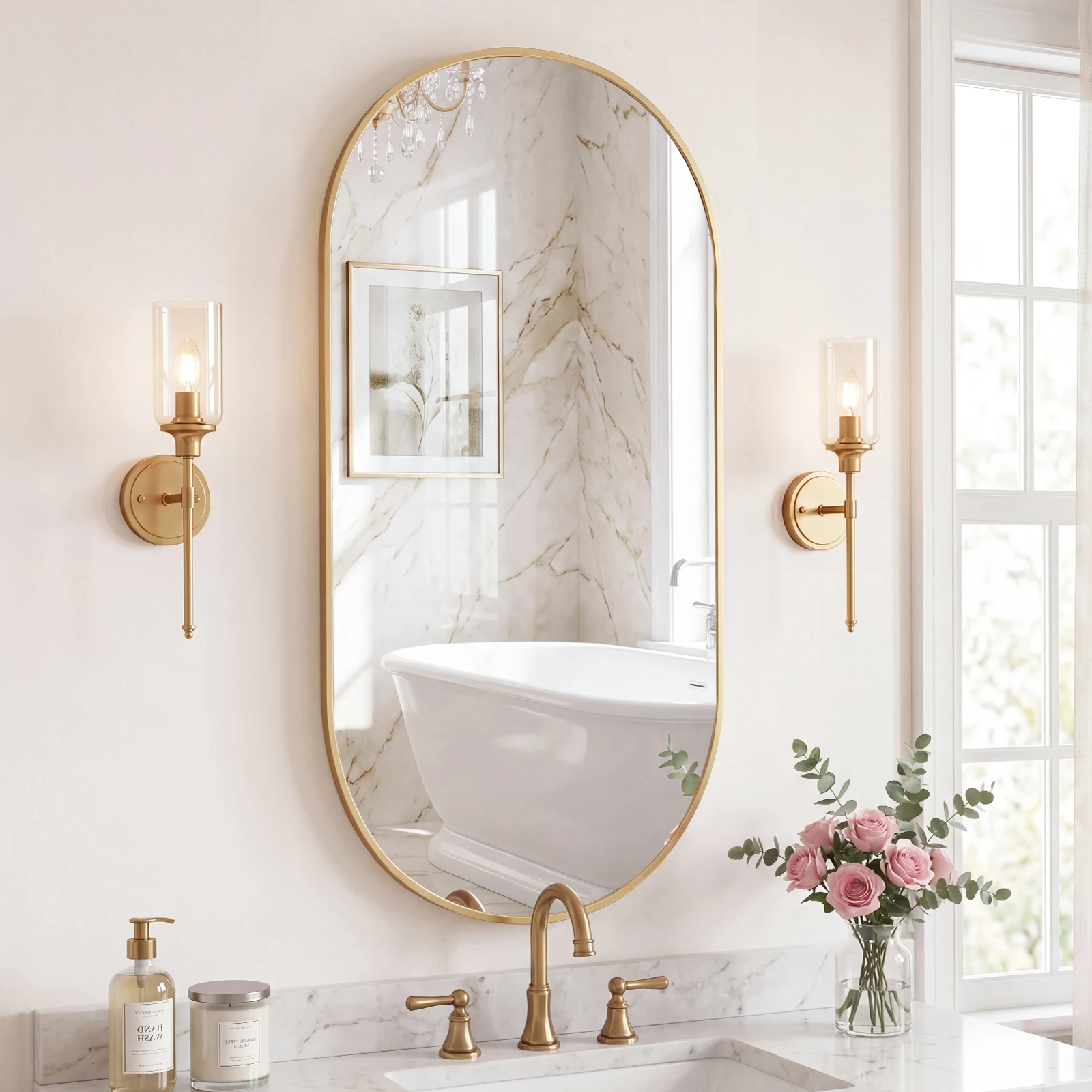 JHK Oval Wall Mirror with Metal Frame for Wall Modern Dressing Mirror Tempered Glass Bedroom Living Room Horizontal or Vertical