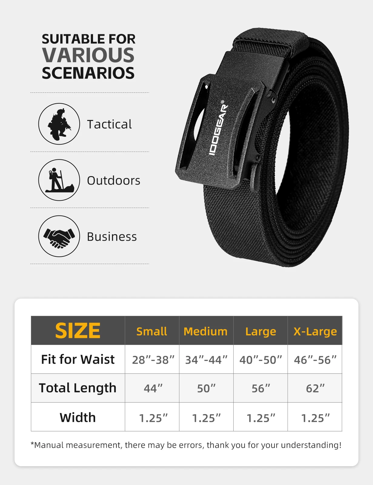 IDOGEAR Tactical Ratchet Belt 1.25” EDC Gun Belt Heavy-Duty Nylon CCW Belts with Quick-Adjust Buckle for IWB/OWB/AIWB Carry 3443