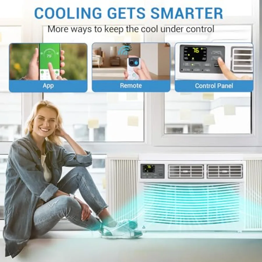8, 000 BTU Window Air Conditioner for Bedroom Apartment Office, R32 Refrigerant, White, Smart App Remote Control, 3 Fan Modes,