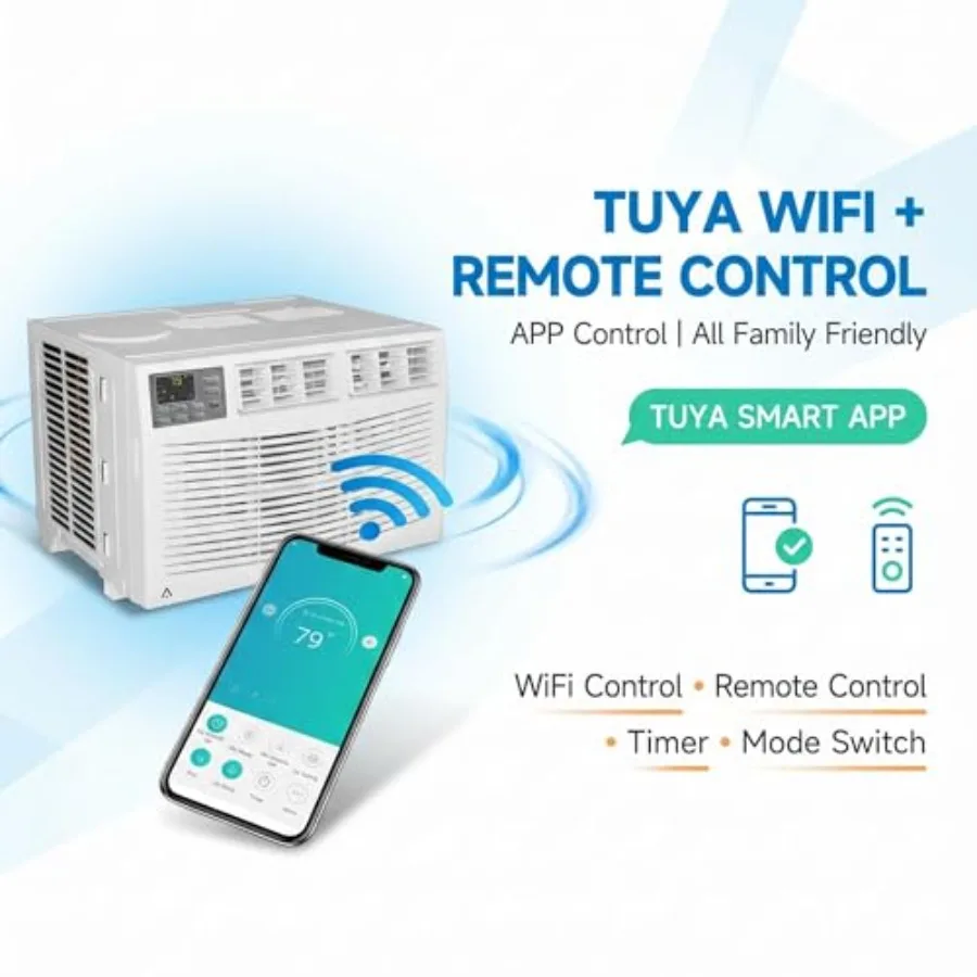 8, 000 BTU Window Air Conditioner for Bedroom Apartment Office, R32 Refrigerant, White, Smart App Remote Control, 3 Fan Modes,