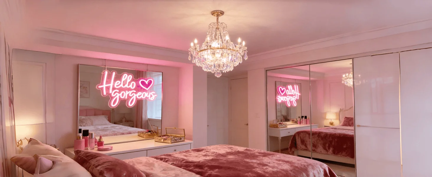 Hello Gorgeous Neon Sign with Pink Heart, Warm White LED Neon Light for Wall Decor, Aesthetic Bedroom & Party Decor, USB Powered