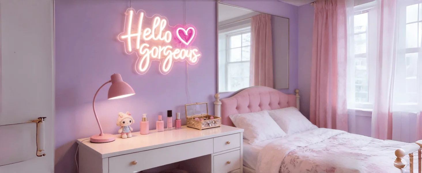Hello Gorgeous Neon Sign with Pink Heart, Warm White LED Neon Light for Wall Decor, Aesthetic Bedroom & Party Decor, USB Powered