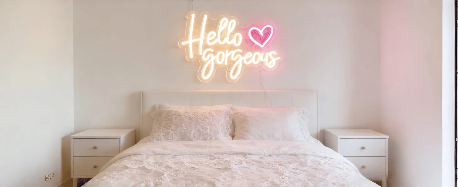 Hello Gorgeous Neon Sign with Pink Heart, Warm White LED Neon Light for Wall Decor, Aesthetic Bedroom & Party Decor, USB Powered