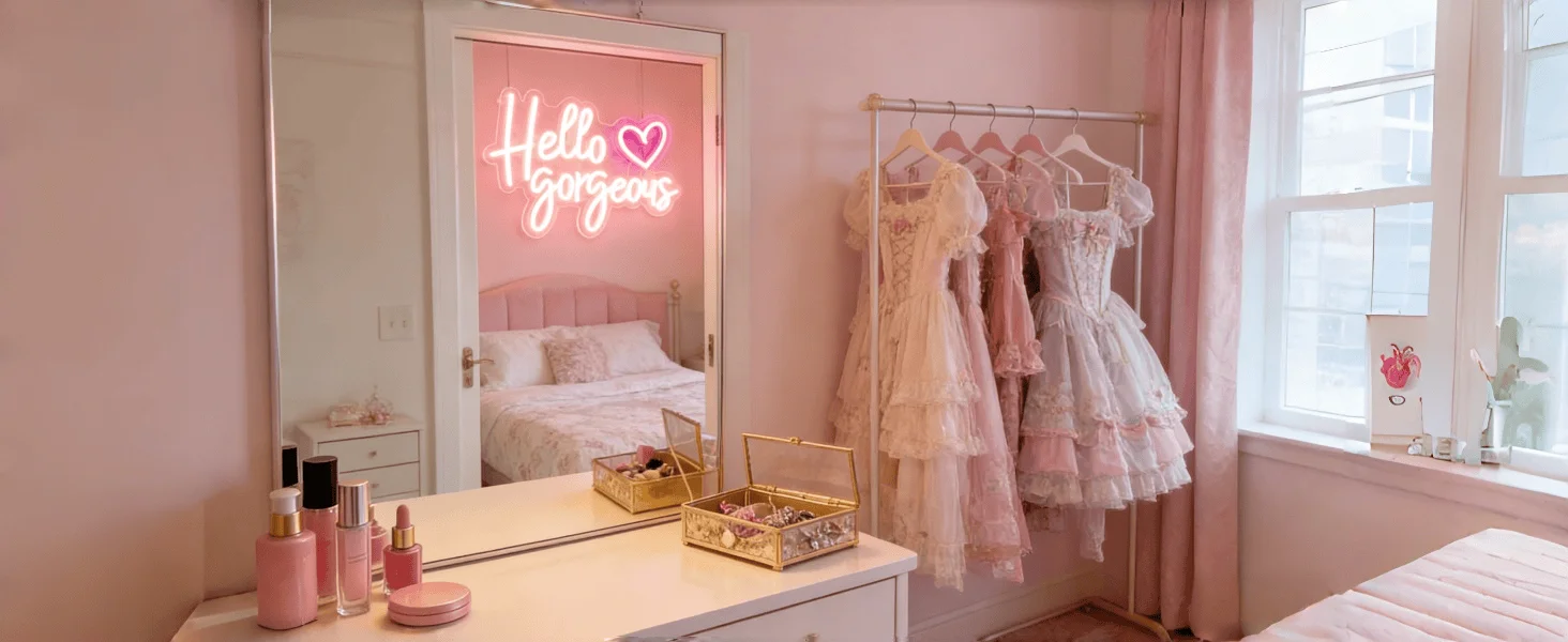Hello Gorgeous Neon Sign with Pink Heart, Warm White LED Neon Light for Wall Decor, Aesthetic Bedroom & Party Decor, USB Powered