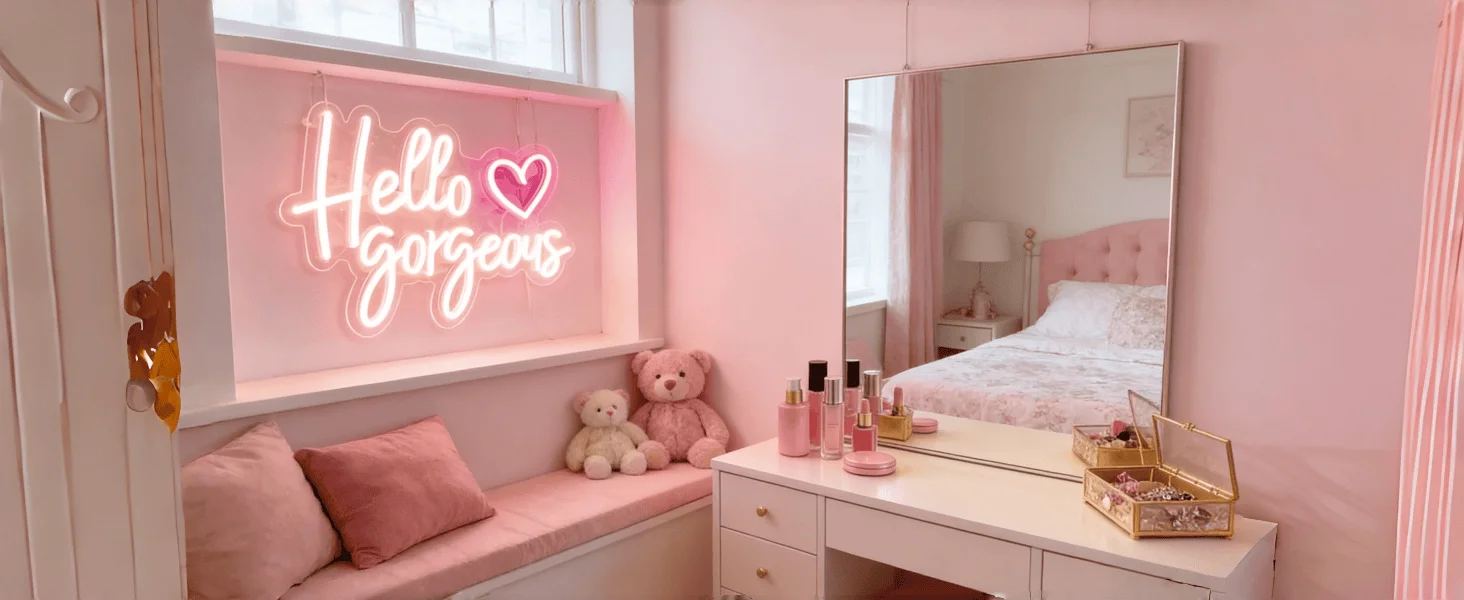 Hello Gorgeous Neon Sign with Pink Heart, Warm White LED Neon Light for Wall Decor, Aesthetic Bedroom & Party Decor, USB Powered