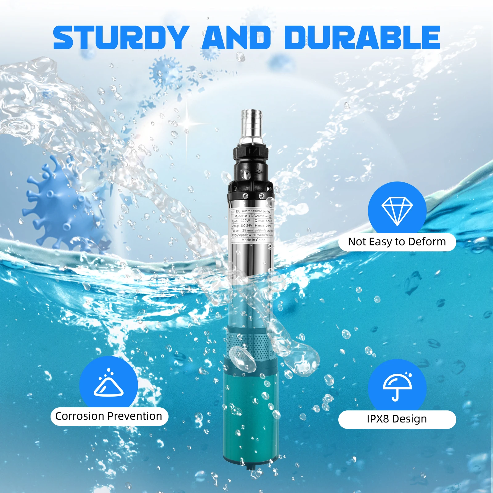 24V DC Deep Well Submersible Pump 320w Stainless Steel Water Pump 4500r/Min Submersiblewater Pump for Farm Irrigation Garden