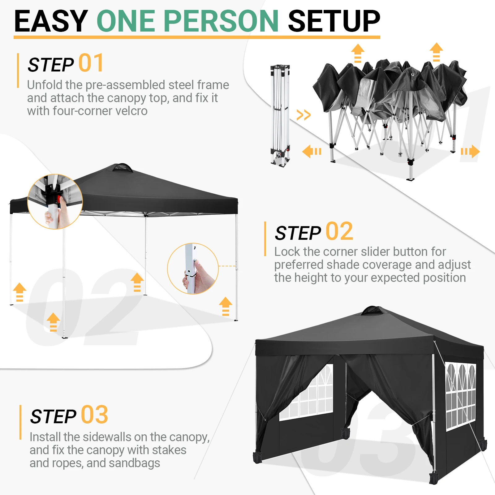 10x10 Pop Up Canopy Tent with 4 Removable Sidewalls, Waterproof Commercial Gazebo Tent with Air Vent, 4 Sandbags, Carry Bag