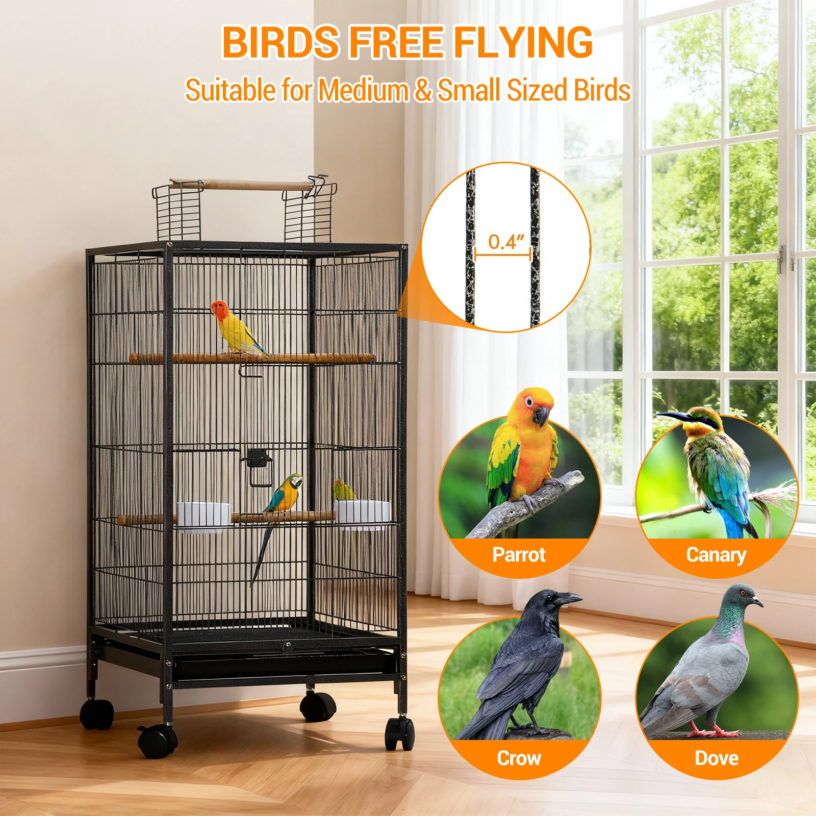 40 Inch Open Top Metal Bird Cage With Wooden Perches Slide-Out Tray Wheels Water Bottle Feeder For Parrot Parakeet Cockatiel