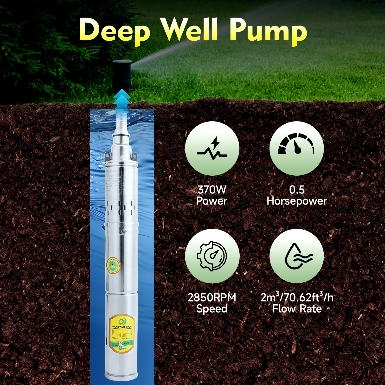 Stainless Steel Deep Well Pump 0.37KW 0.5HP 65mt Head 70.62ft³/h Flow DC24V for Irrigation Water Supply Cleaning High Efficiency