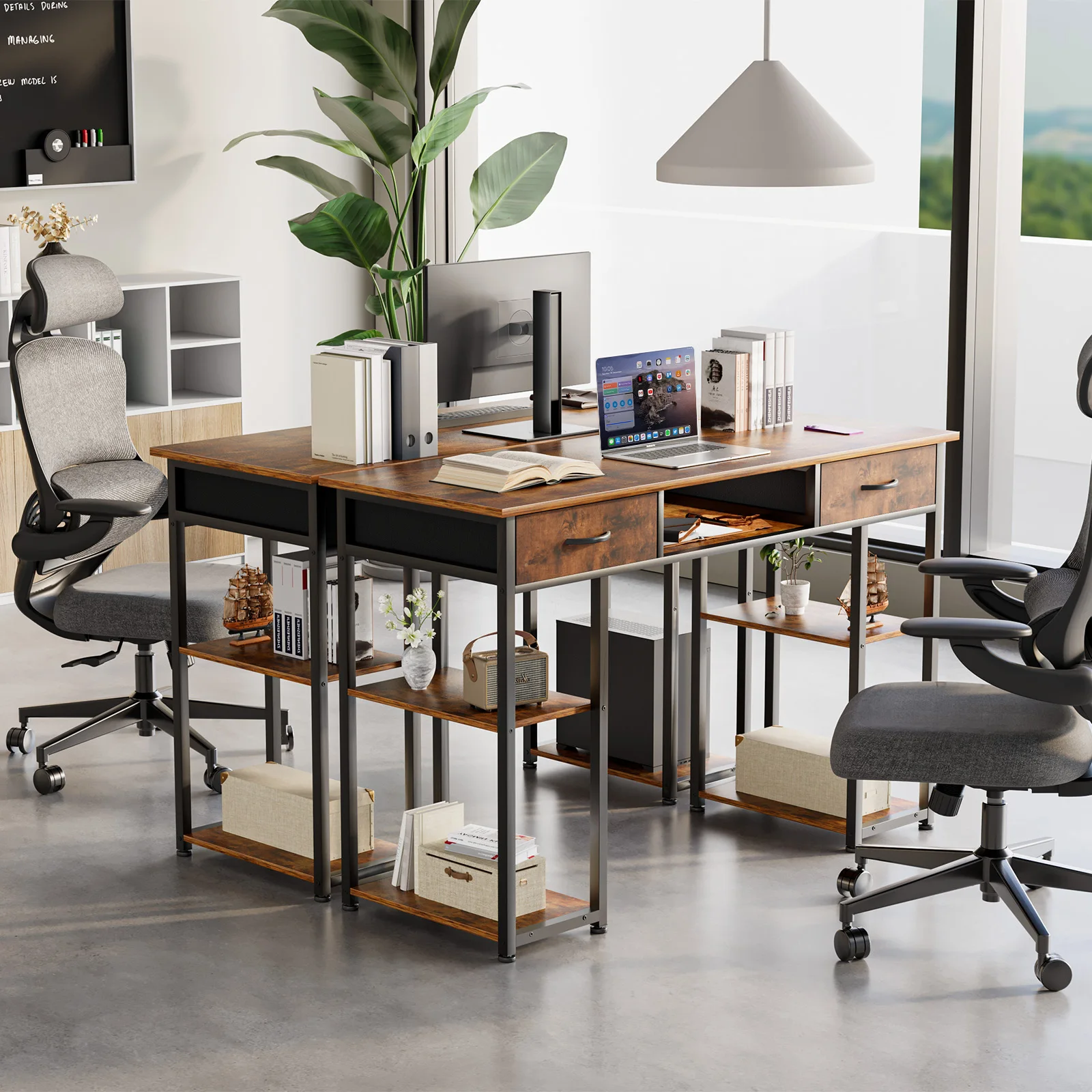 JHK 48 Inch Computer Gaming Desk with Fabric Drawers Storage Shelves Metal Frame Adjustable Feet Table For Bedroom Home Office