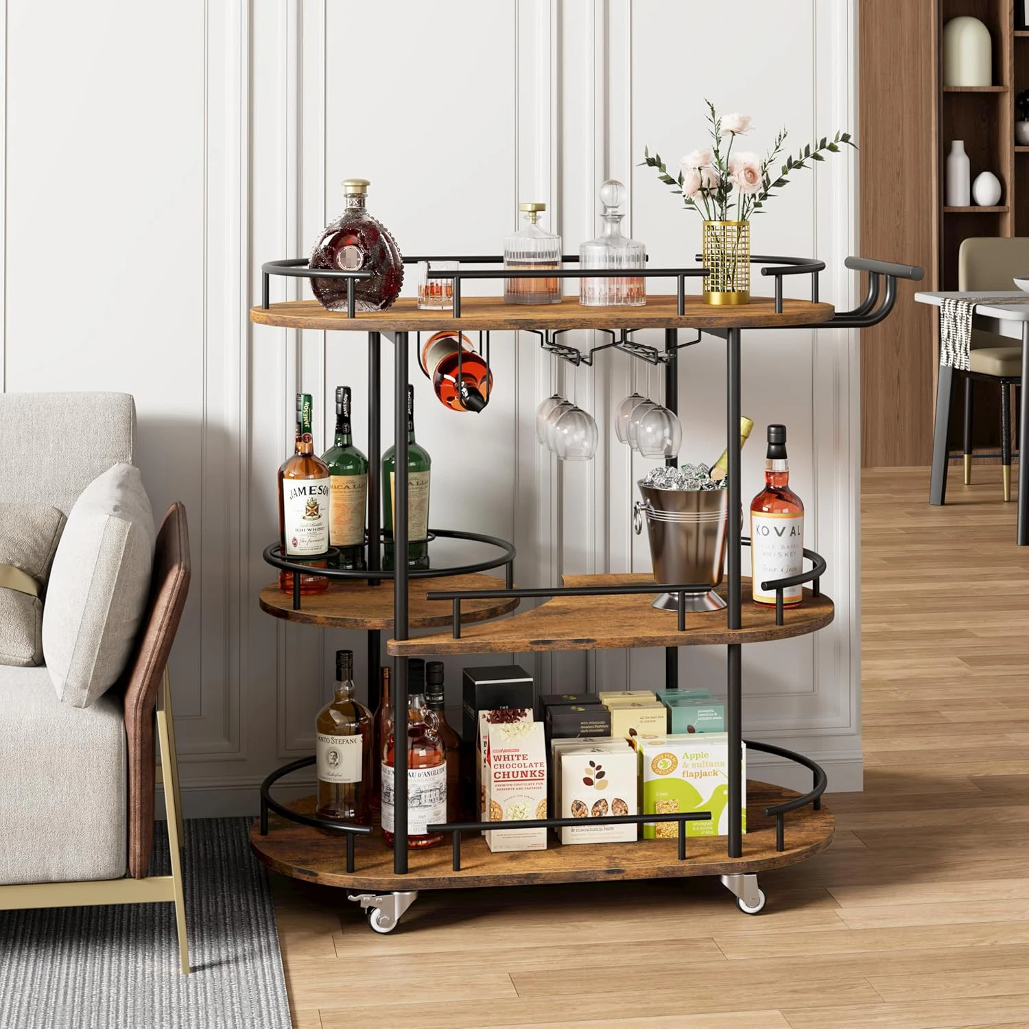 3 Tier Drinks Trolley Bar Cart with Wheels Handle Wine Rack Glass Holders Serving Cart for Kitchen Dining Living Room Bar Hotel