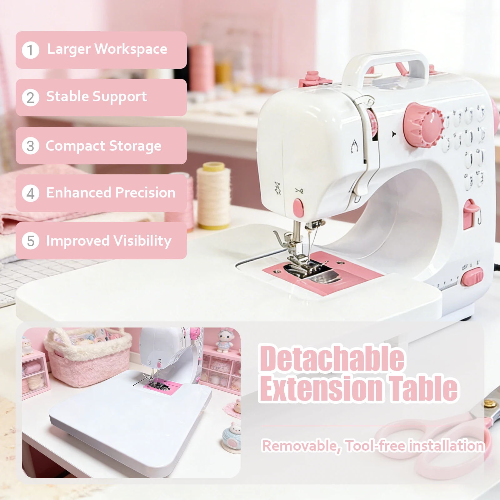 Portable Mini Sewing Machine, Cute Portable Stitching Machine with Extension Table & Tool Kit, for Beginner Easy Sewing,