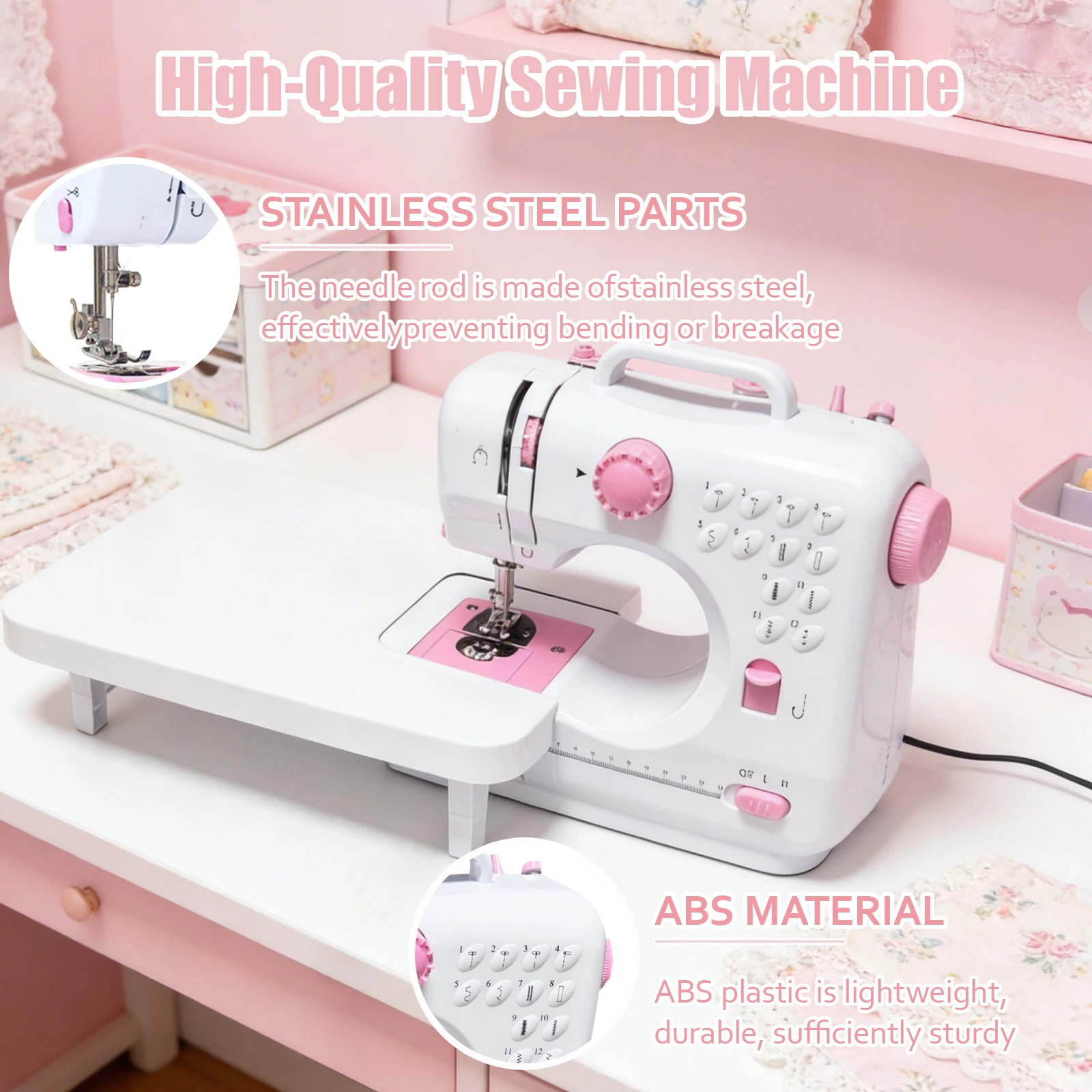 Portable Mini Sewing Machine, Cute Portable Stitching Machine with Extension Table & Tool Kit, for Beginner Easy Sewing,