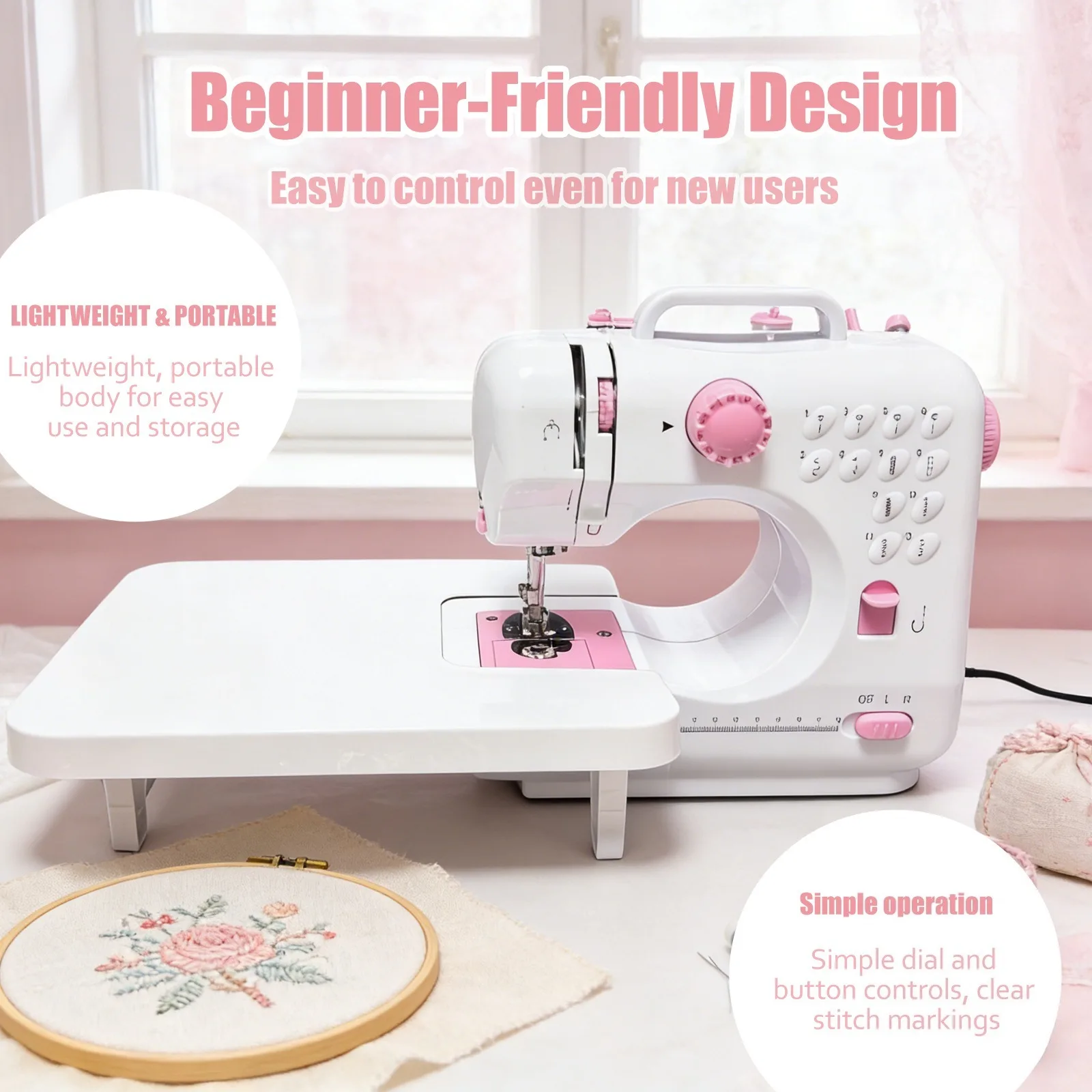 Portable Mini Sewing Machine, Cute Portable Stitching Machine with Extension Table & Tool Kit, for Beginner Easy Sewing,