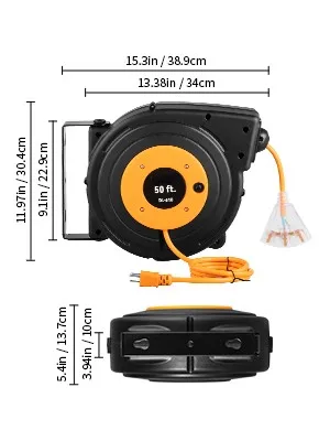 SucceBuy Retractable Extension Cord Reel 45 FT / 65 FT with Lighted Triple Tap Outlet 180° Swivel Bracket Heavy Duty Power Cord