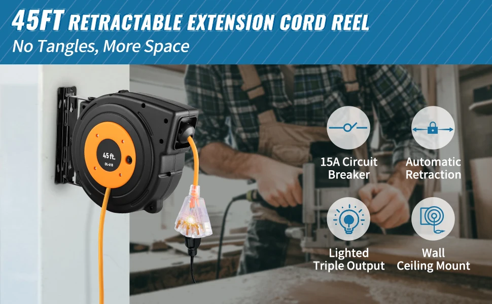 SucceBuy Retractable Extension Cord Reel 45 FT / 65 FT with Lighted Triple Tap Outlet 180° Swivel Bracket Heavy Duty Power Cord