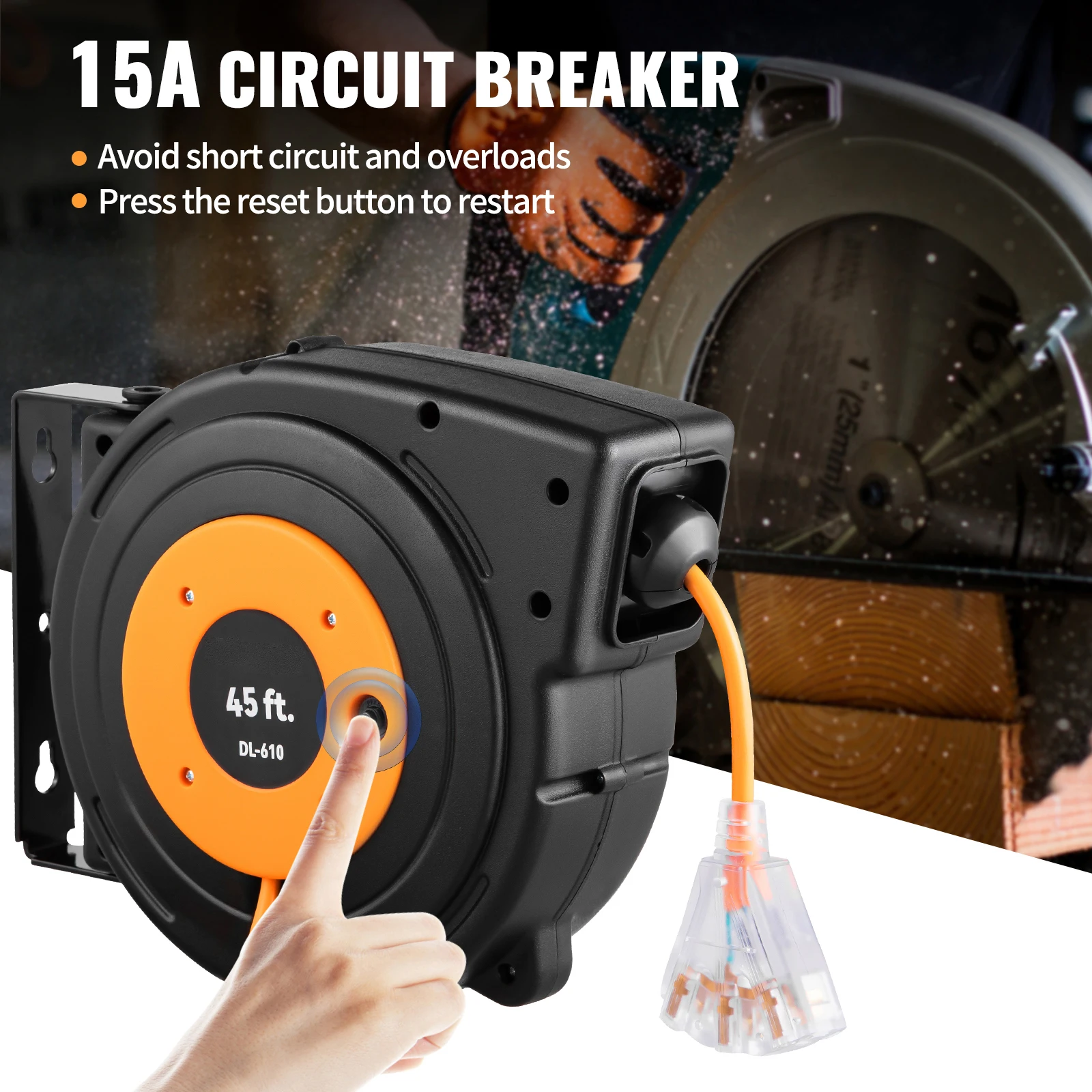 SucceBuy Retractable Extension Cord Reel 45 FT / 65 FT with Lighted Triple Tap Outlet 180° Swivel Bracket Heavy Duty Power Cord