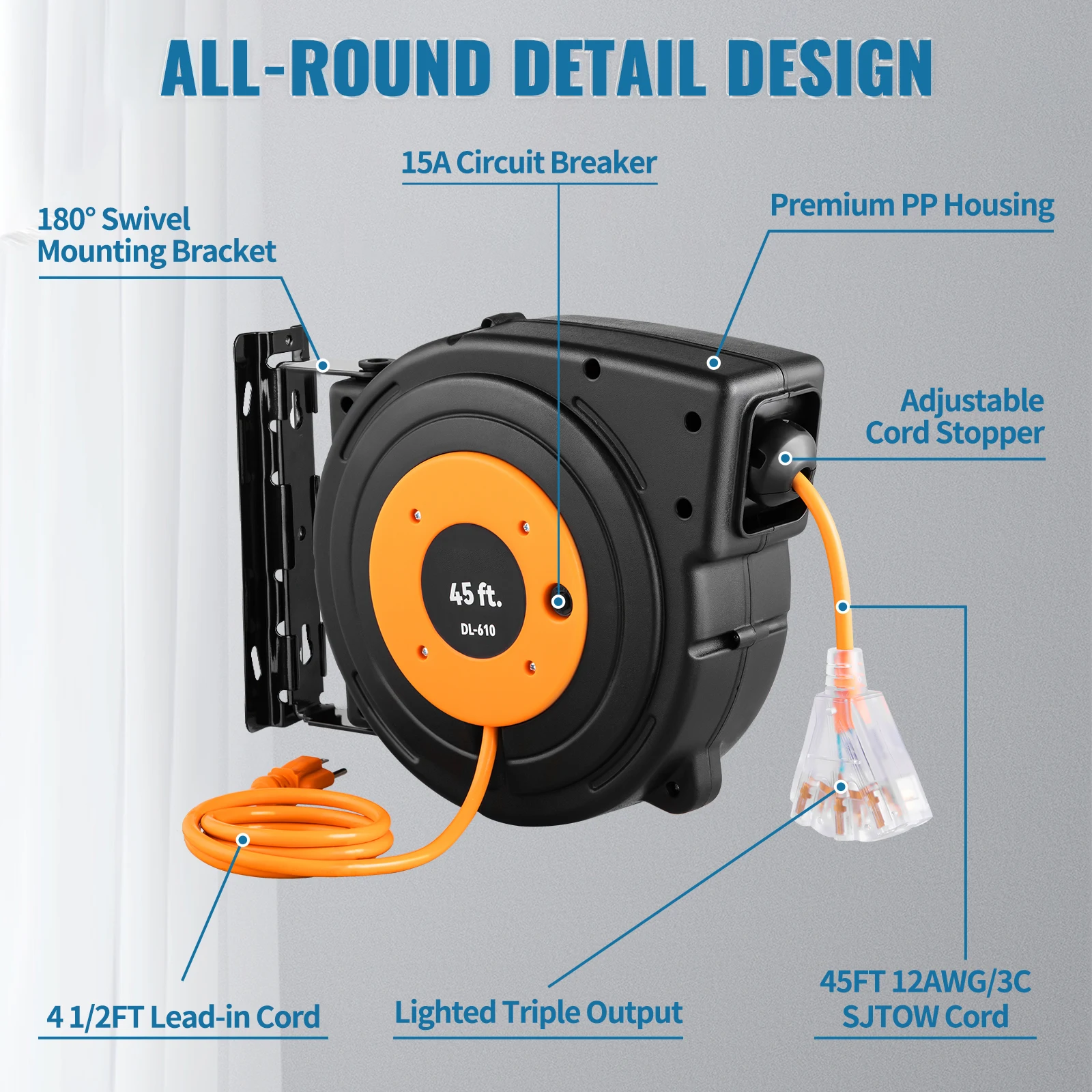 SucceBuy Retractable Extension Cord Reel 45 FT / 65 FT with Lighted Triple Tap Outlet 180° Swivel Bracket Heavy Duty Power Cord