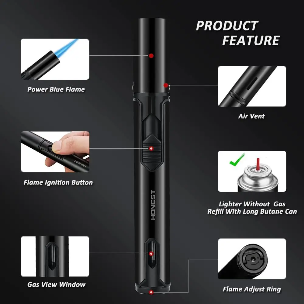 2PCS Butane Torch Lighters Windproof Long Jet Flame Refillable Pen Lighter Adjustable Flame for Candles Cooking BBQ Camping