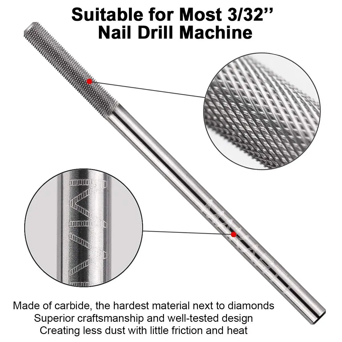 Makartt Cuticle Nail Drill Bit Safety Tungsten Carbide Needle Bit Under Nail Cleaner Dead Skin Remover 3/32'' for Electric Nail