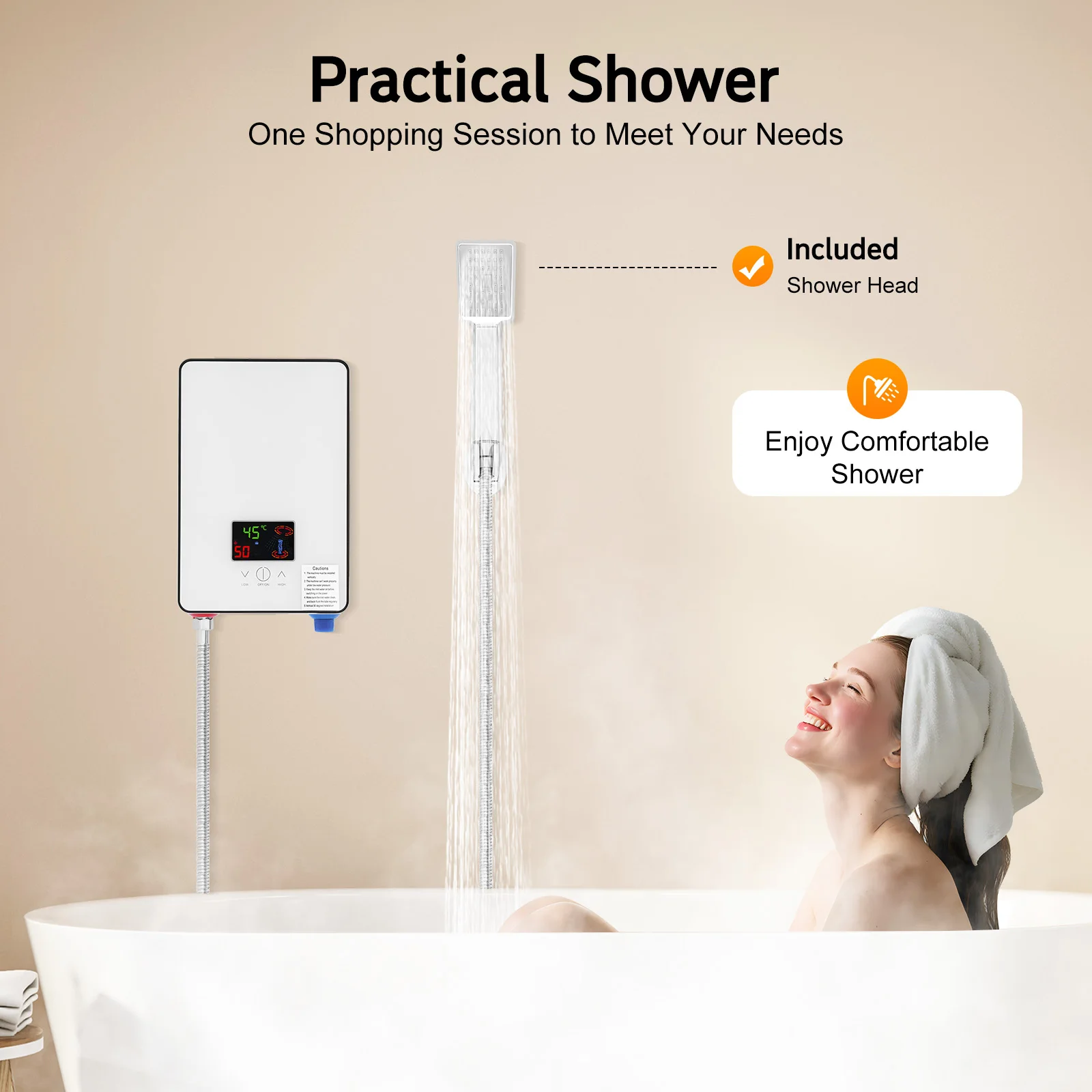 4500W Water Heater AC 110V Instant Electric Water Heater with Hand Shower LED Touch Screen Thermostat Instantaneous Water Heater