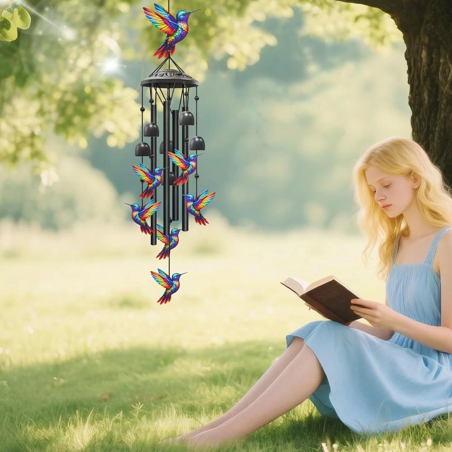 Colorful Hummingbird Wind Chimes Metal Aluminum Tube Bells Wind Chime Waterproof Outdoor Decorative Wind Chime For Patio Porch Garden Balcony Memorial Sympathy Birthday Holiday Gift For Family Friends