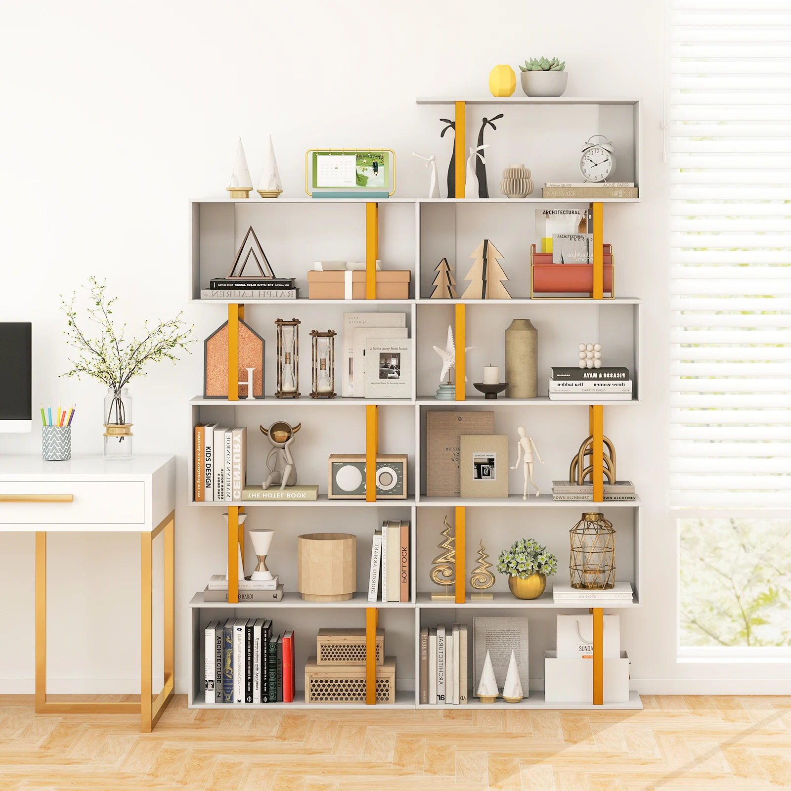 6-Tier Geometric Bookcase 74. 5-Inch S-Shaped Bookshelf with Metal Frame Gold