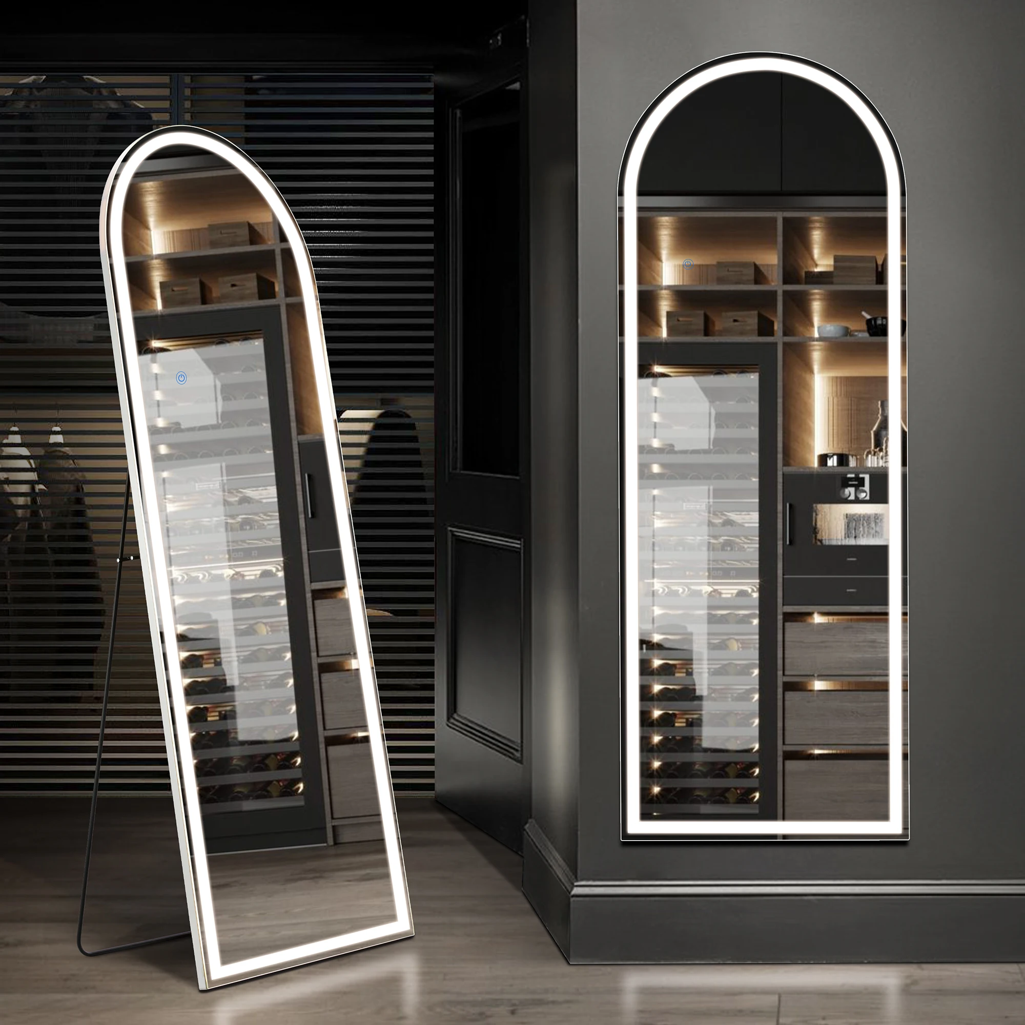JHK Full Length 60"x16" Led Dimming Mirror 3 Color Lighting Aluminum Alloy Frame Standing Hanging Floor Mirrors For Living Room