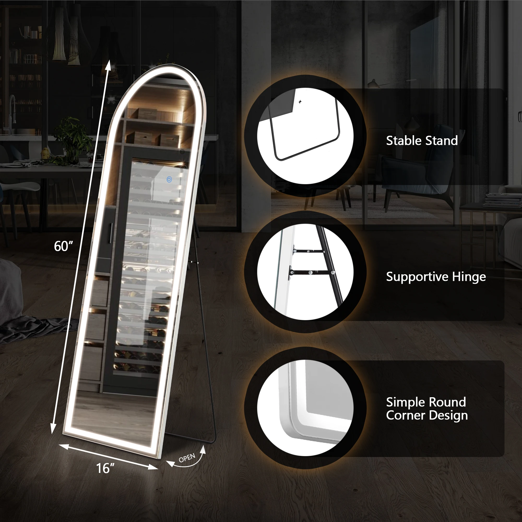 JHK Full Length 60"x16" Led Dimming Mirror 3 Color Lighting Aluminum Alloy Frame Standing Hanging Floor Mirrors For Living Room