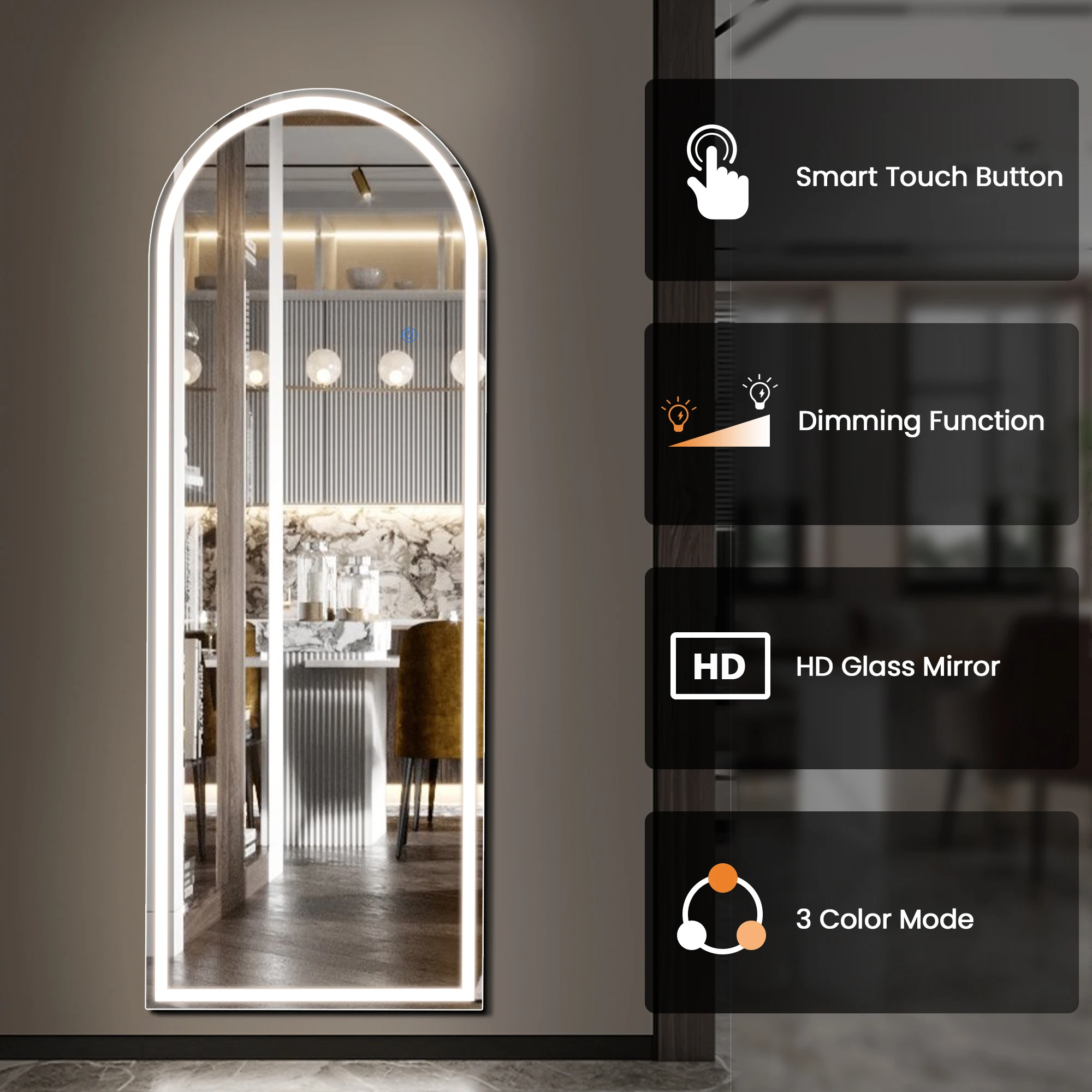 JHK Full Length 60"x16" Led Dimming Mirror 3 Color Lighting Aluminum Alloy Frame Standing Hanging Floor Mirrors For Living Room