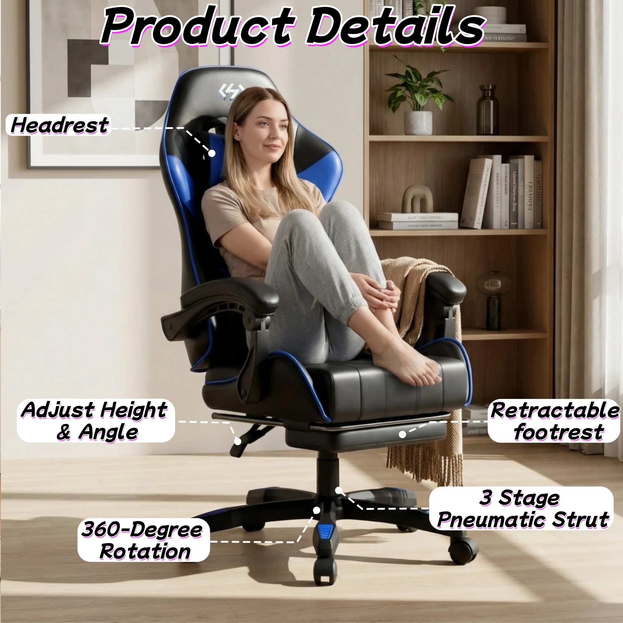FRODROVIA Gaming Chair with Linkage Armrest, Ergonomic High Back PU Leather Computer Chair, Adjustable Reclining Video Game Chair with Retractable Footrest, Headrest & Lumbar Support, 300LBS Capacity for Home Office, for Teens & Adults, Multiple Colors