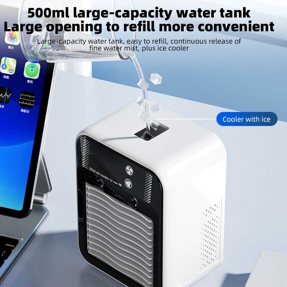 Mist Humidifier Mini Air Conditioner USB Charger Portable Air Cooler Fan with 2 Speeds & 500ml Tank Dormitory Cooling Fan for Bedroom Office