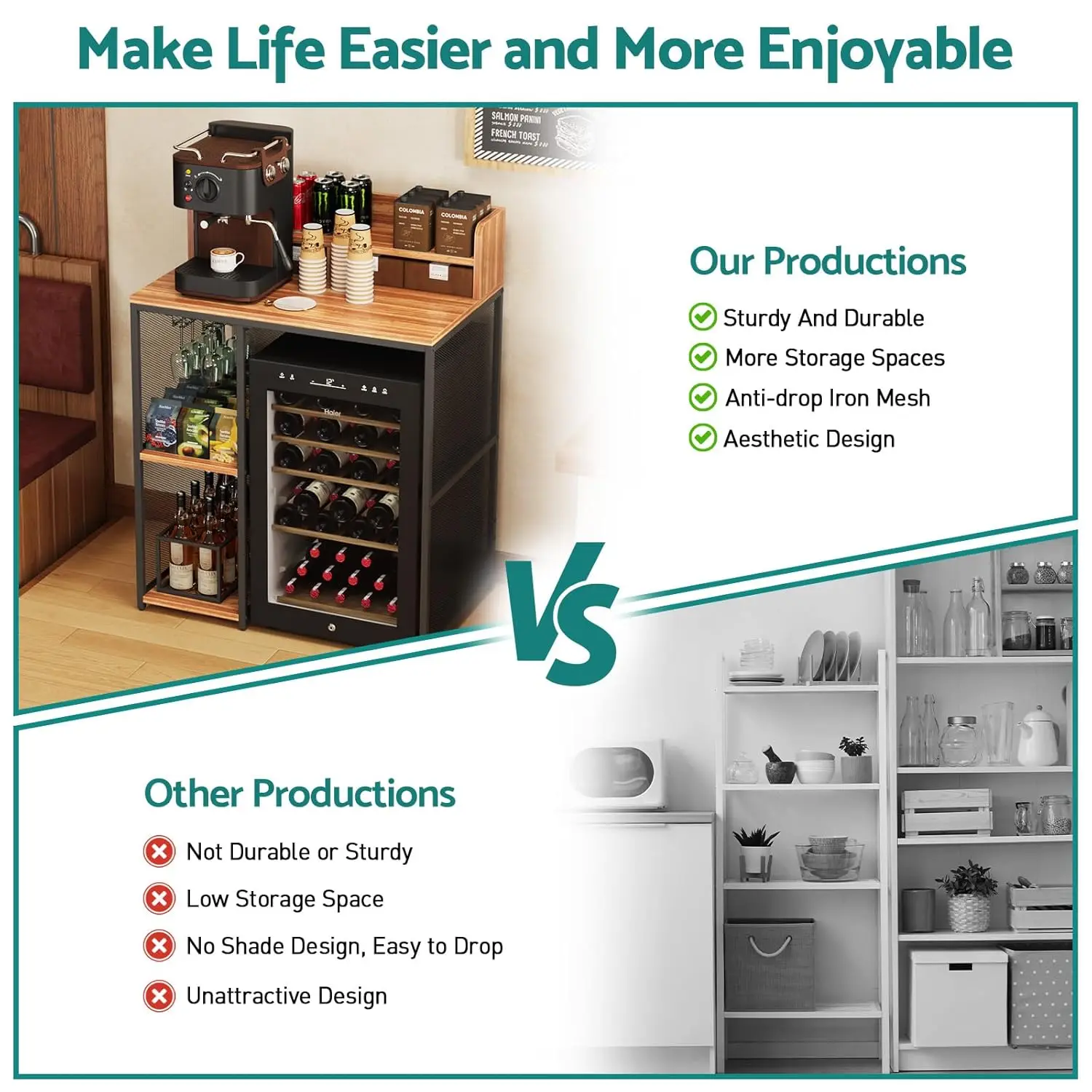 4-Tier Industrial Style Mini Fridge & Microwave Oven Stand, Adjustable Kitchen Bakers Rack, Freestanding Utility, Customized