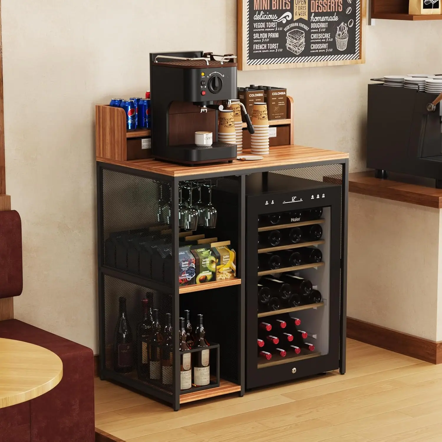 4-Tier Industrial Style Mini Fridge & Microwave Oven Stand, Adjustable Kitchen Bakers Rack, Freestanding Utility, Customized