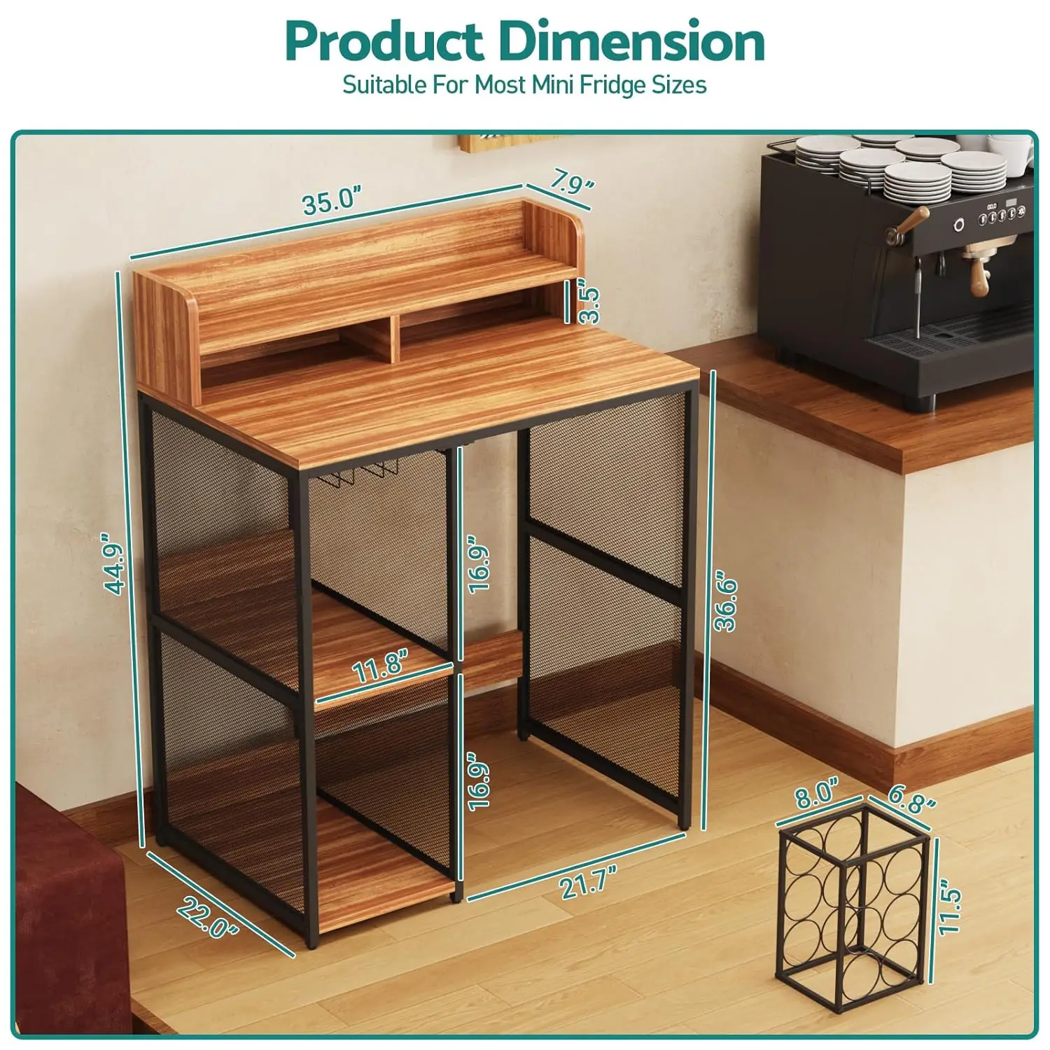 4-Tier Industrial Style Mini Fridge & Microwave Oven Stand, Adjustable Kitchen Bakers Rack, Freestanding Utility, Customized