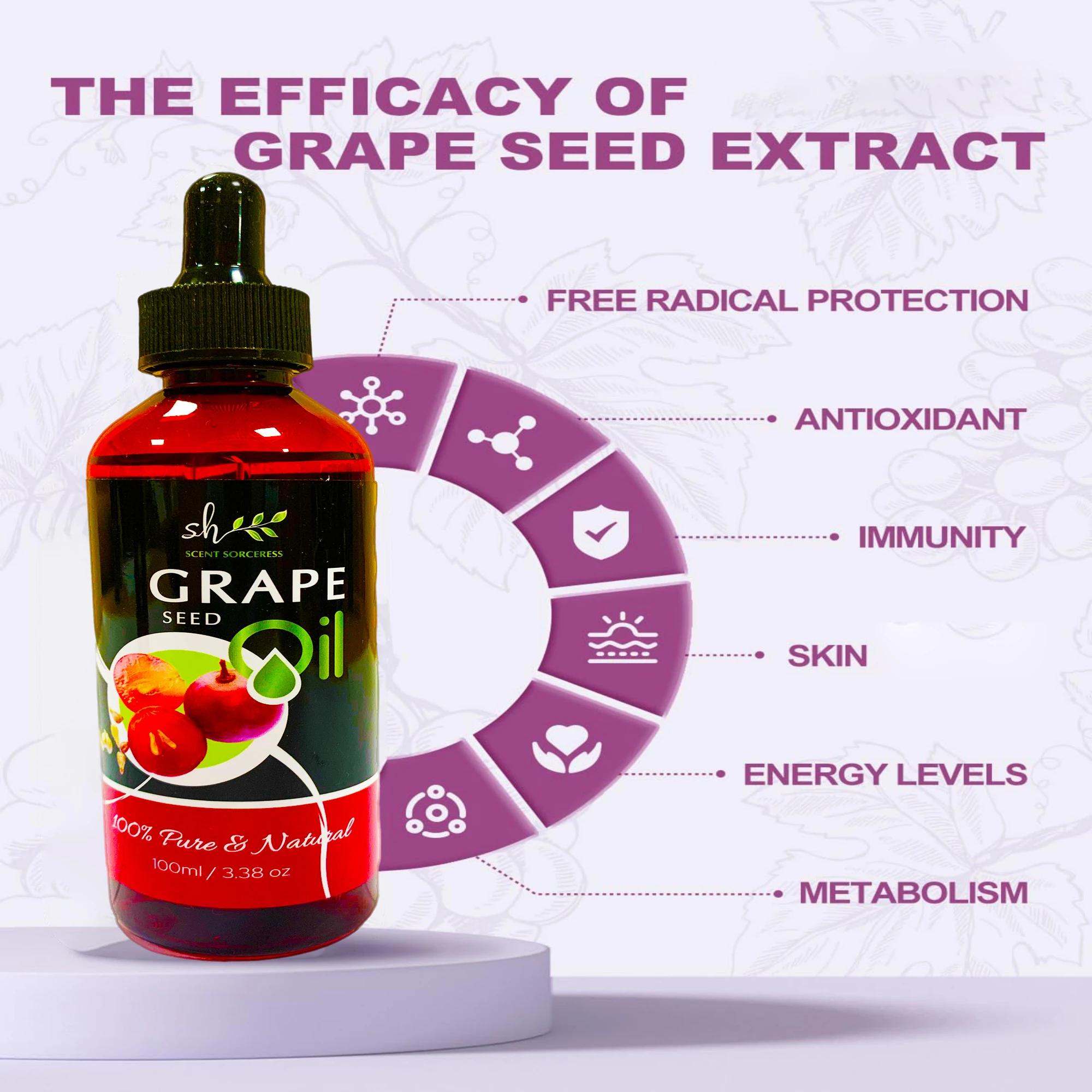 100ml Organic Grapeseed Oil for Skin Care Cold Pressed Pure Natural Carrier Oil Body Oil Massage Nourish Moisturize Brighten