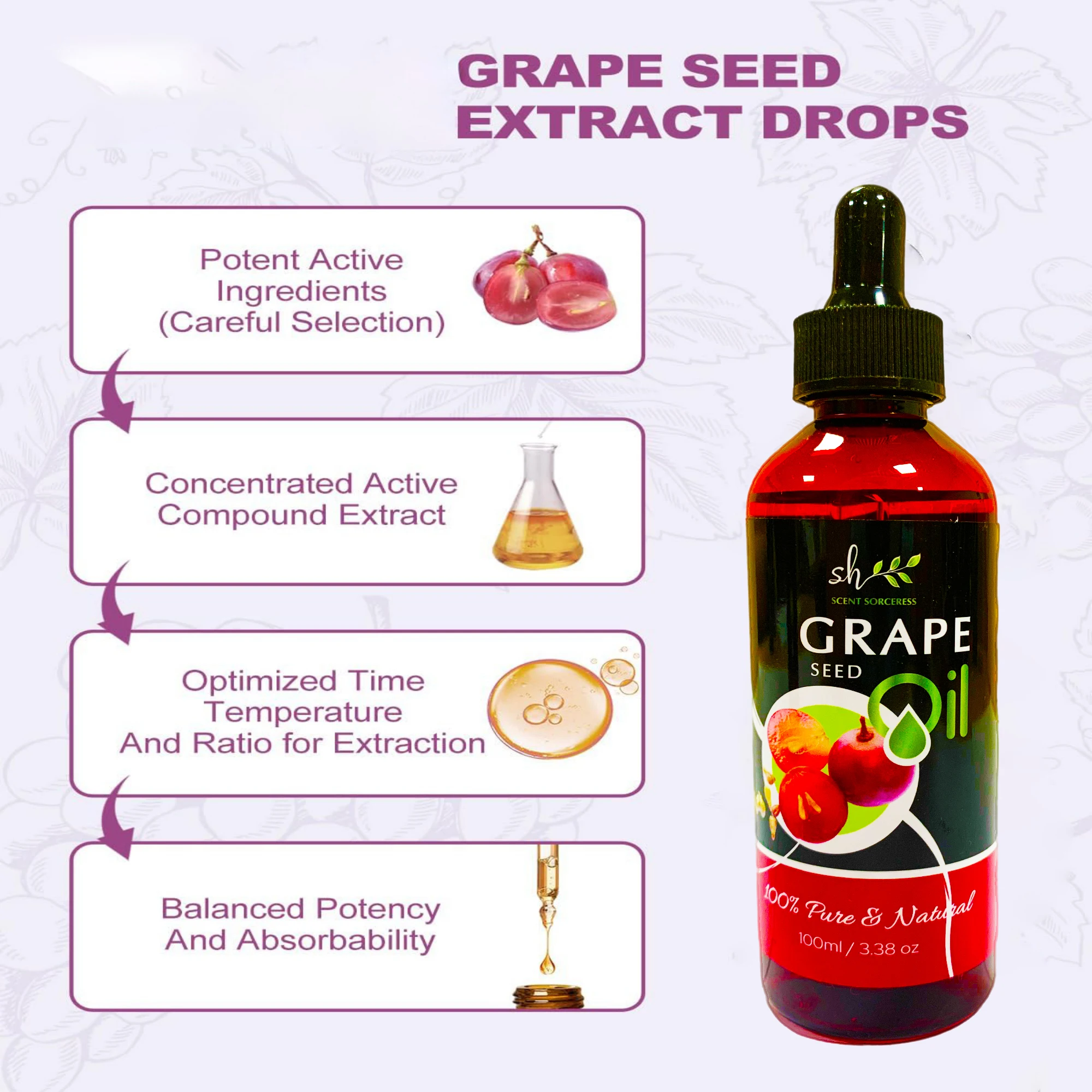 100ml Organic Grapeseed Oil for Skin Care Cold Pressed Pure Natural Carrier Oil Body Oil Massage Nourish Moisturize Brighten