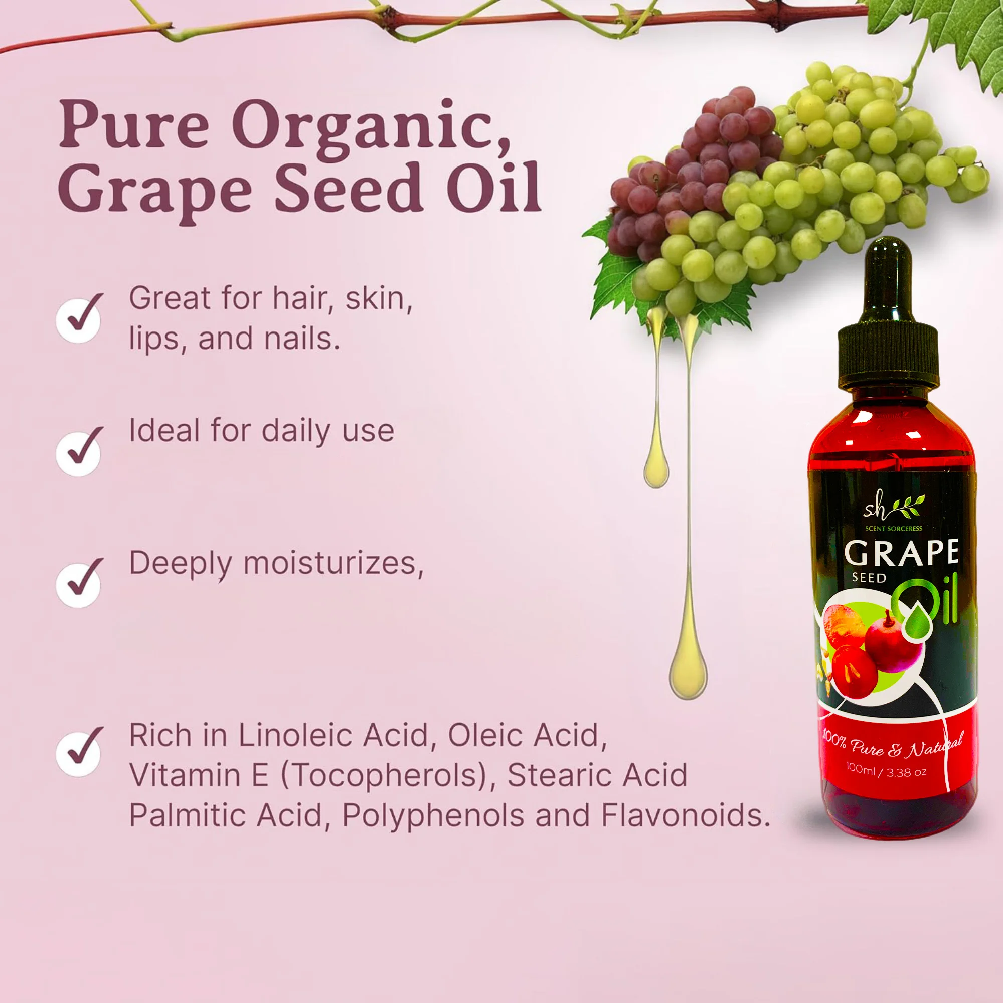 100ml Organic Grapeseed Oil for Skin Care Cold Pressed Pure Natural Carrier Oil Body Oil Massage Nourish Moisturize Brighten