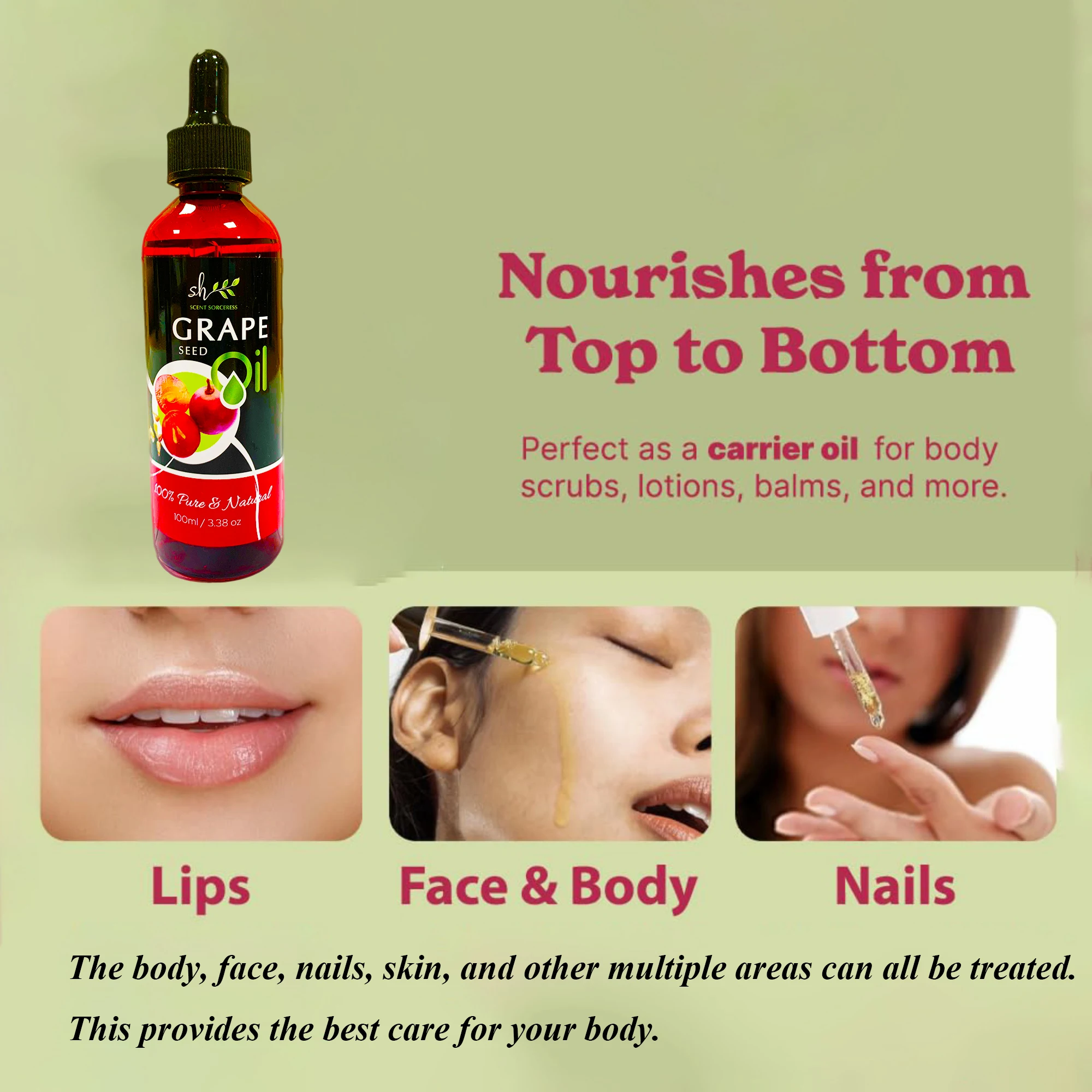 100ml Organic Grapeseed Oil for Skin Care Cold Pressed Pure Natural Carrier Oil Body Oil Massage Nourish Moisturize Brighten