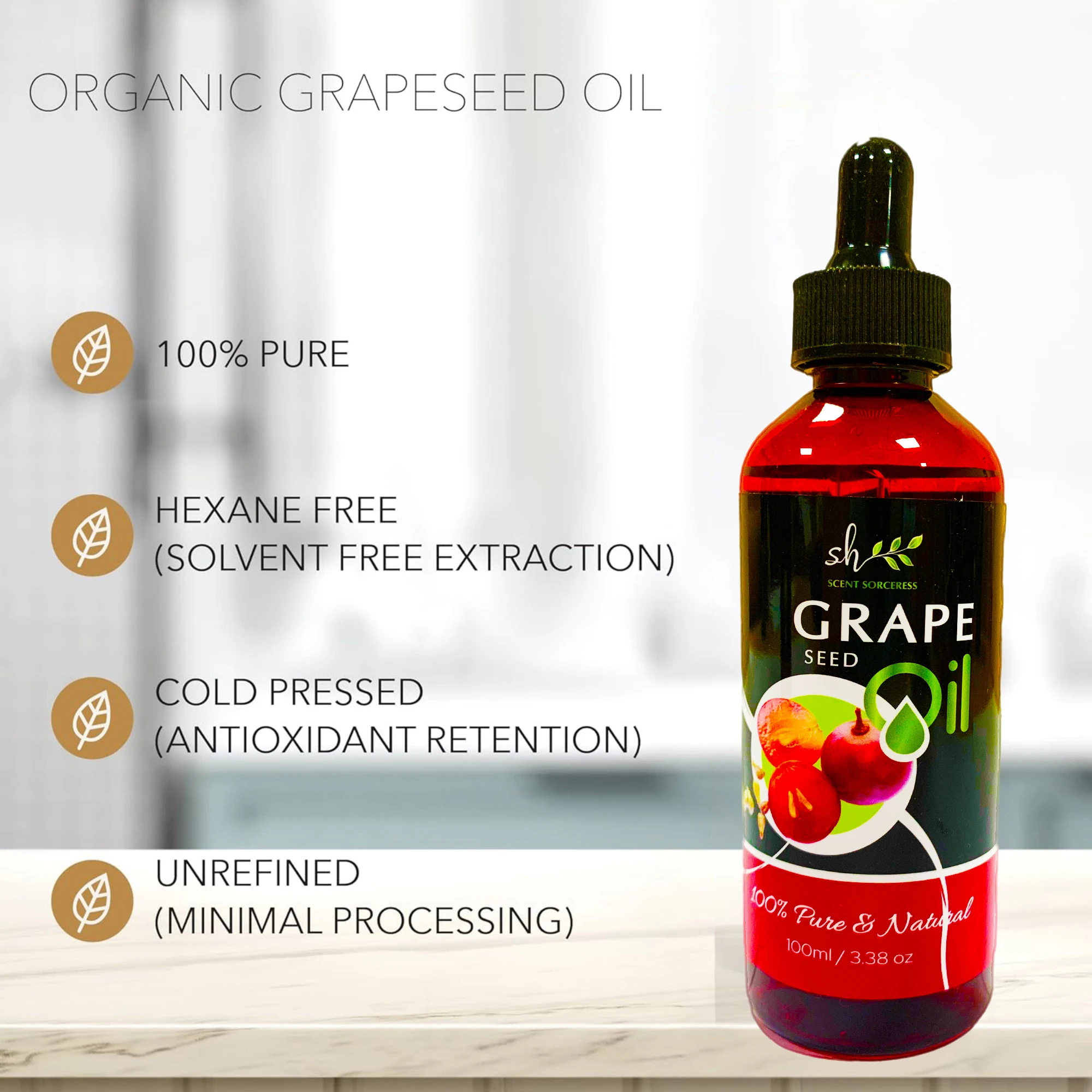 100ml Organic Grapeseed Oil for Skin Care Cold Pressed Pure Natural Carrier Oil Body Oil Massage Nourish Moisturize Brighten