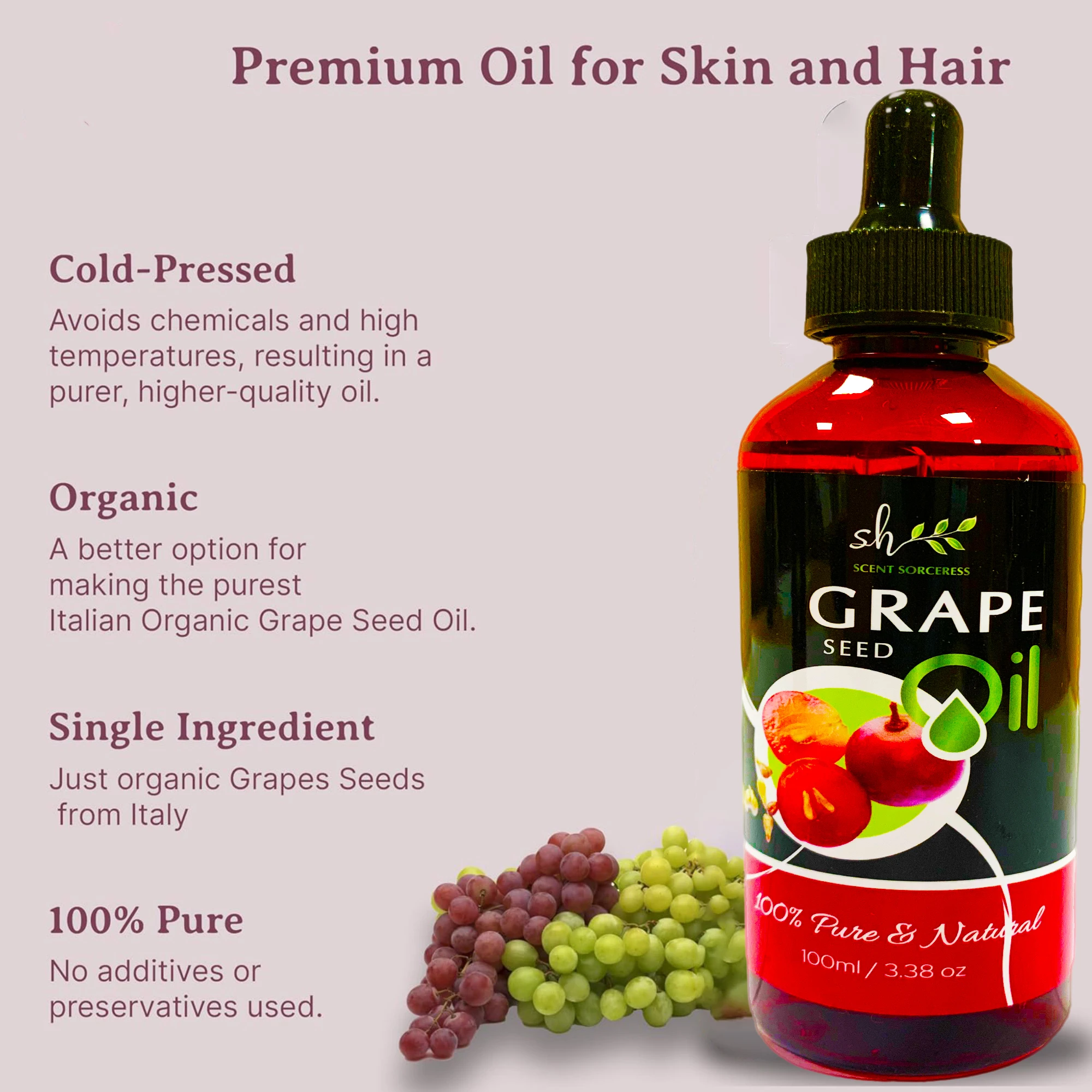 100ml Organic Grapeseed Oil for Skin Care Cold Pressed Pure Natural Carrier Oil Body Oil Massage Nourish Moisturize Brighten