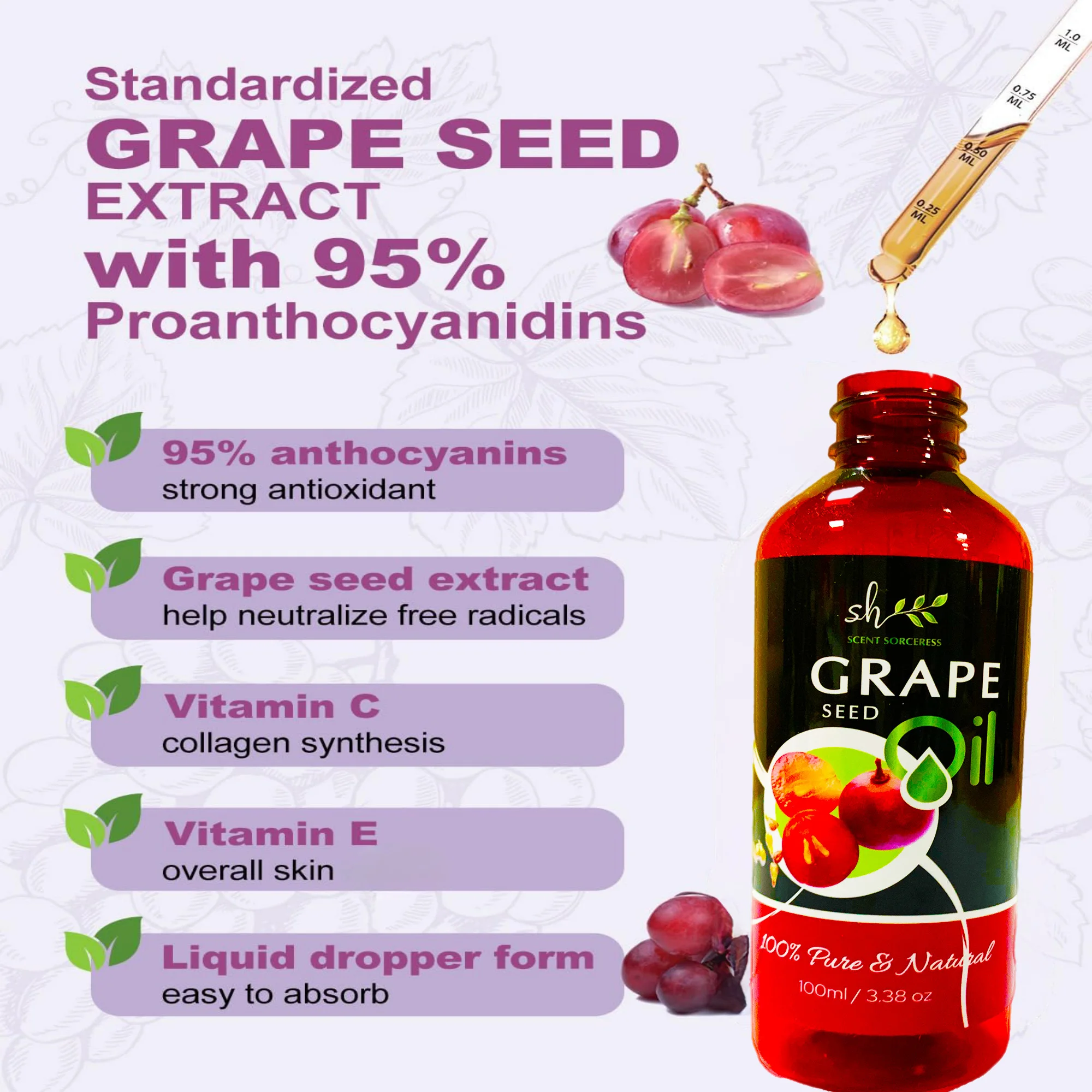 100ml Organic Grapeseed Oil for Skin Care Cold Pressed Pure Natural Carrier Oil Body Oil Massage Nourish Moisturize Brighten