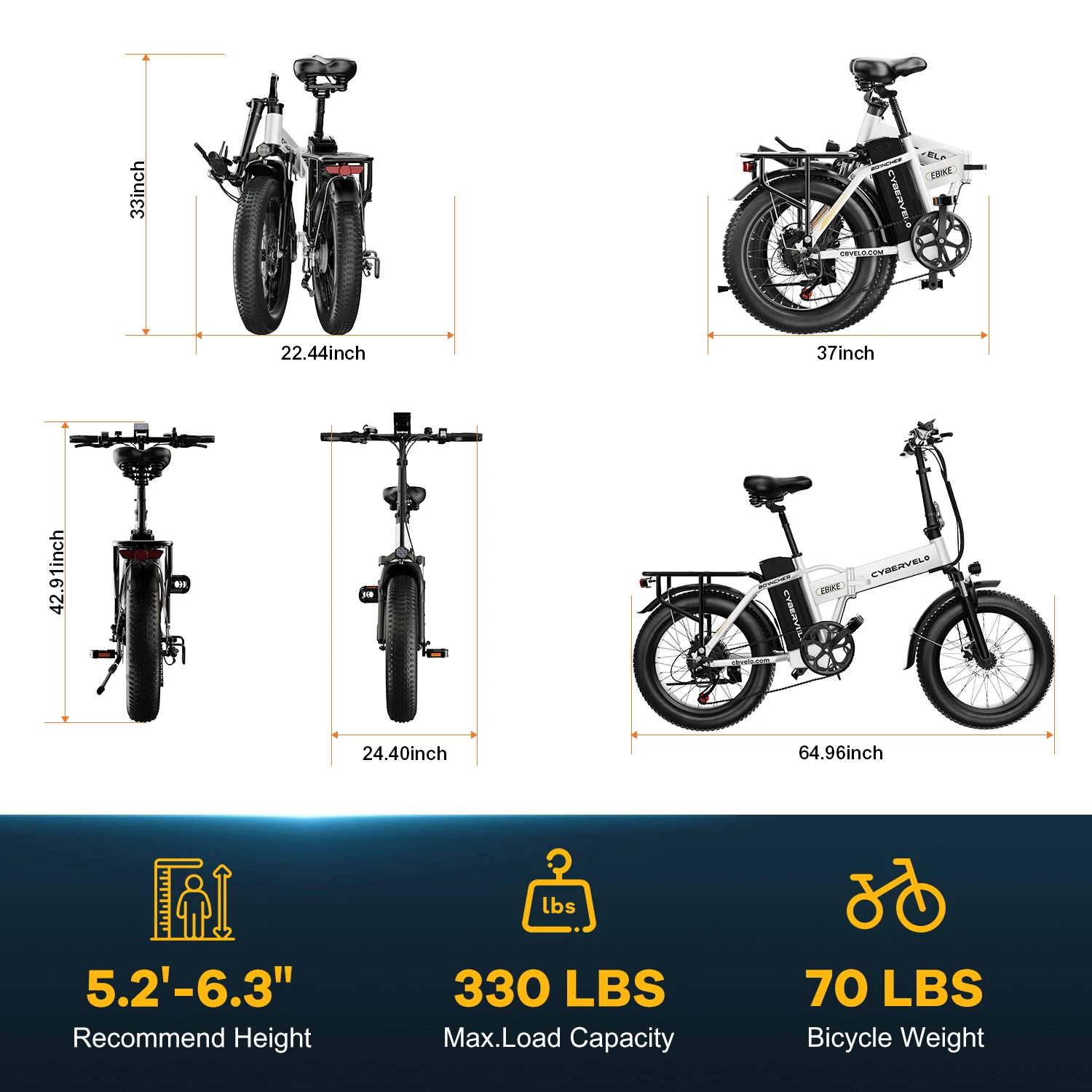 Cybervelo 1000W Peak Electric Bike for Adults Foldable 28+MPH 80Miles Removable Battery Fat Tire Off-road E-bike EK4 EK5 Mars700
