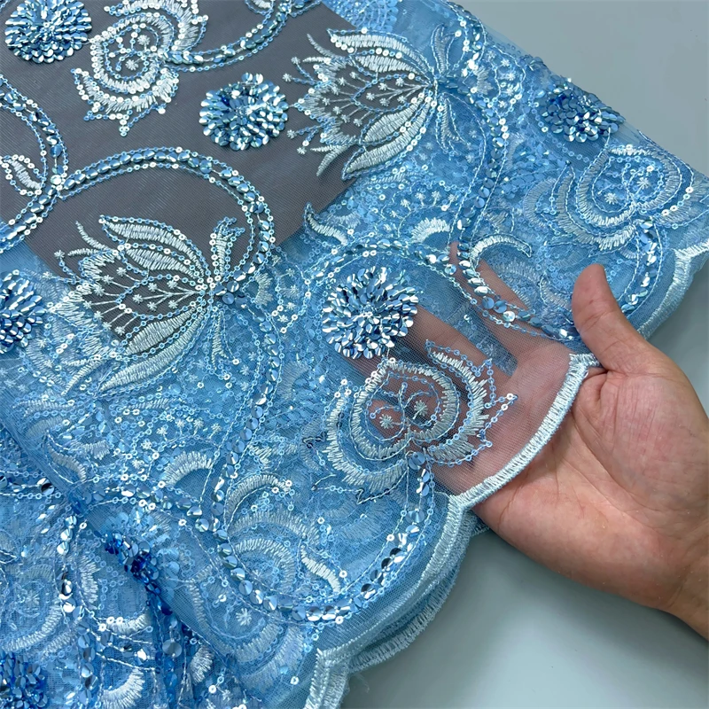 High Quality French Mesh Lace Fabric Beaded African Lace Embroidey Fabrics Sequins Luxury For Sew Wedding Dresses, 5yards TY3858