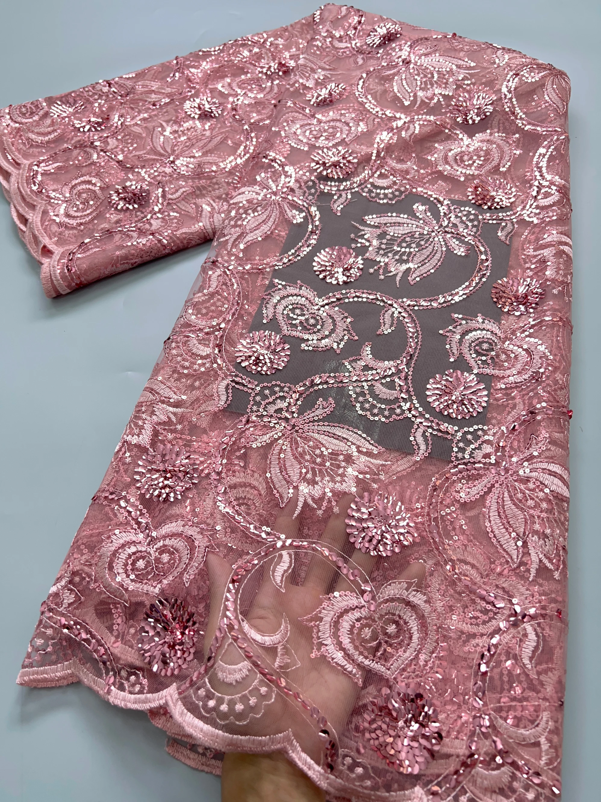 High Quality French Mesh Lace Fabric Beaded African Lace Embroidey Fabrics Sequins Luxury For Sew Wedding Dresses, 5yards TY3858